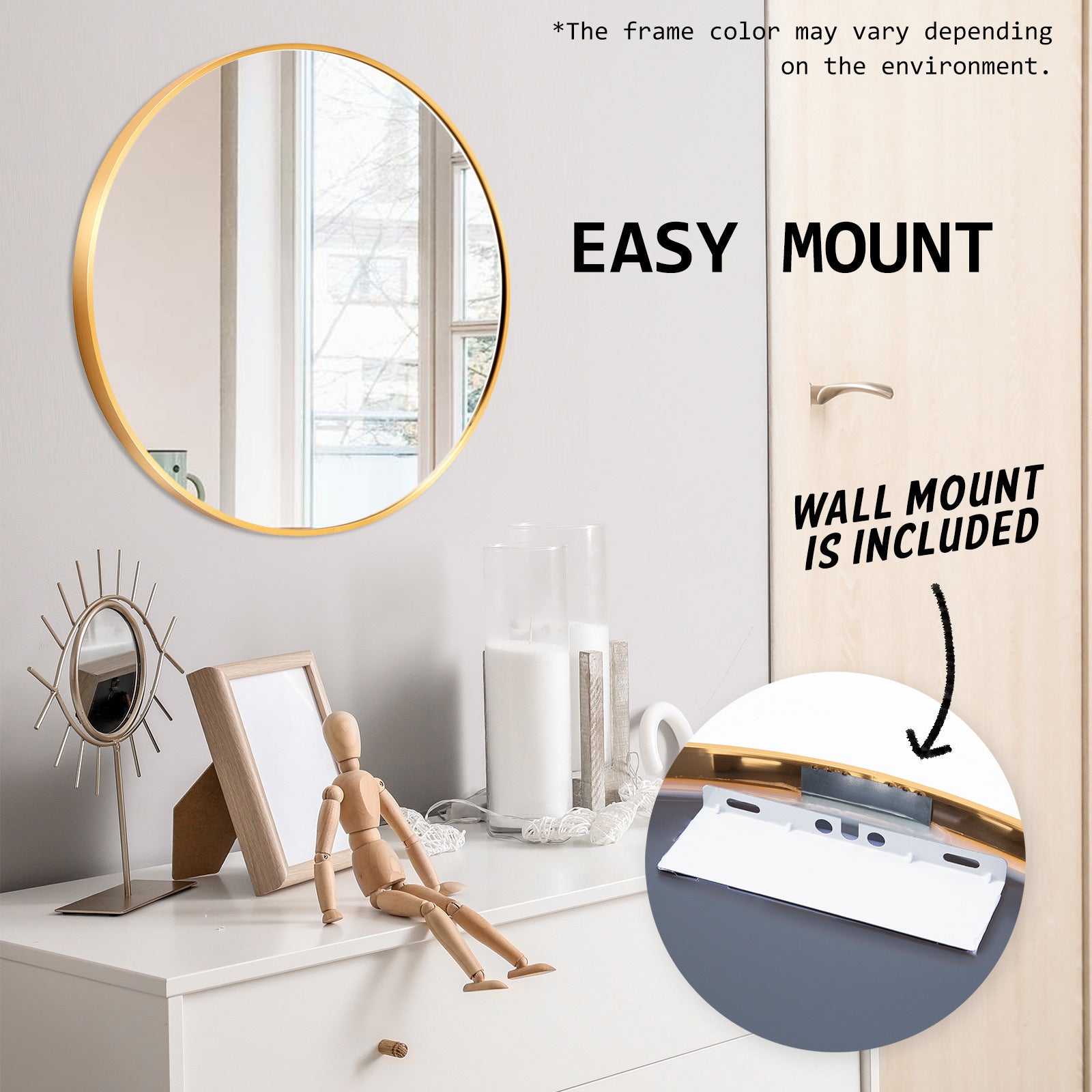 2 Set Round Wall Mirrors 60cm, Aluminum Frame, Gold