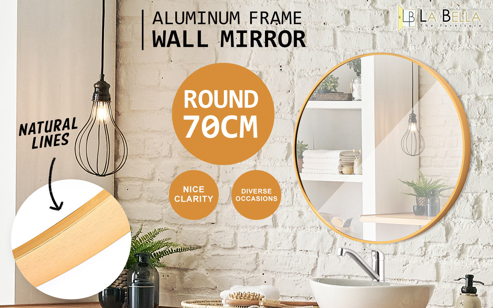 Round Wall Mirror Gold Aluminum Frame 70cm - La Bella