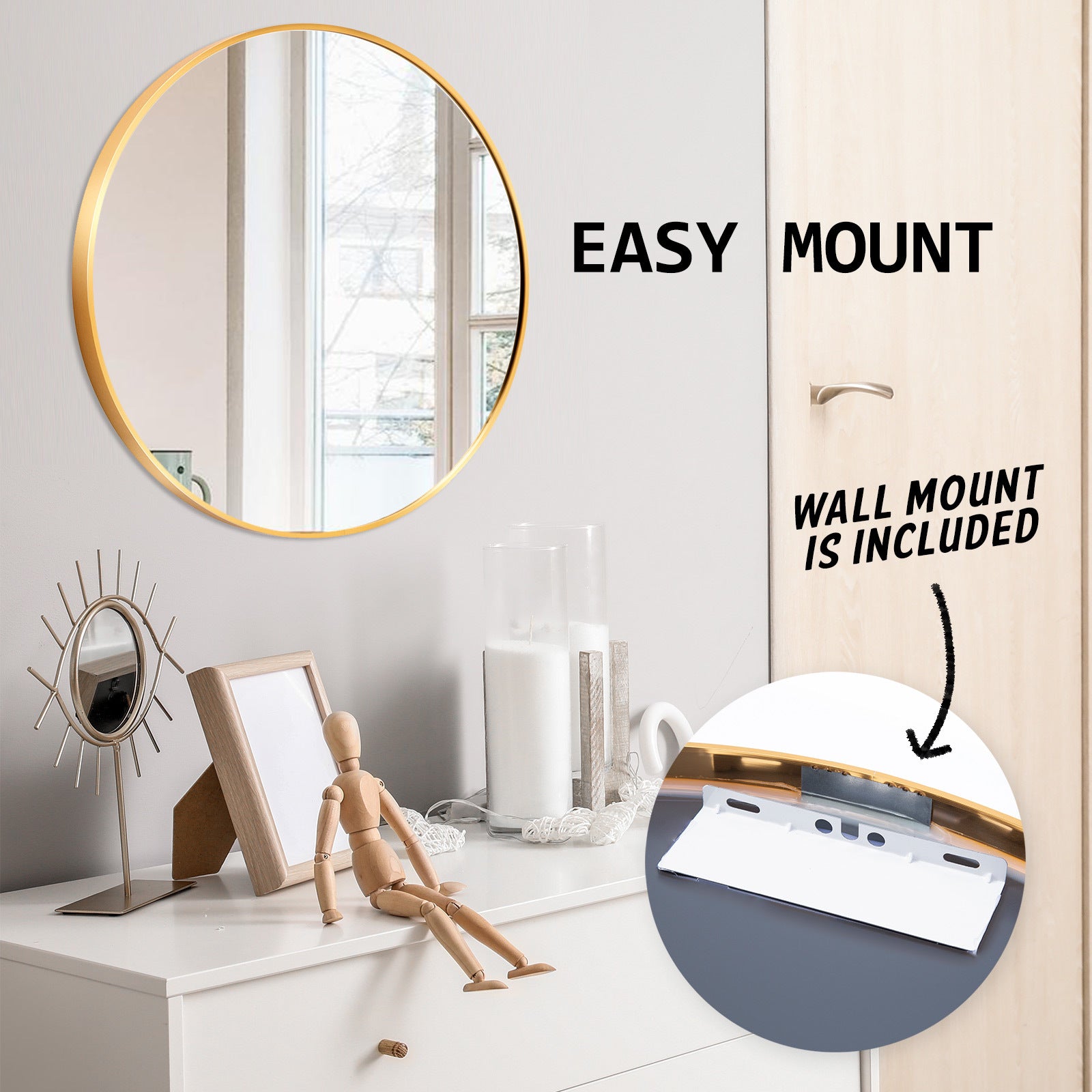 Round Wall Mirror Gold Aluminum Frame 70cm - La Bella