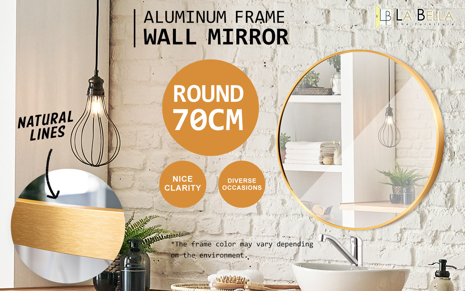 2 Set Round Wall Mirrors, 70cm Aluminum Frame, Gold