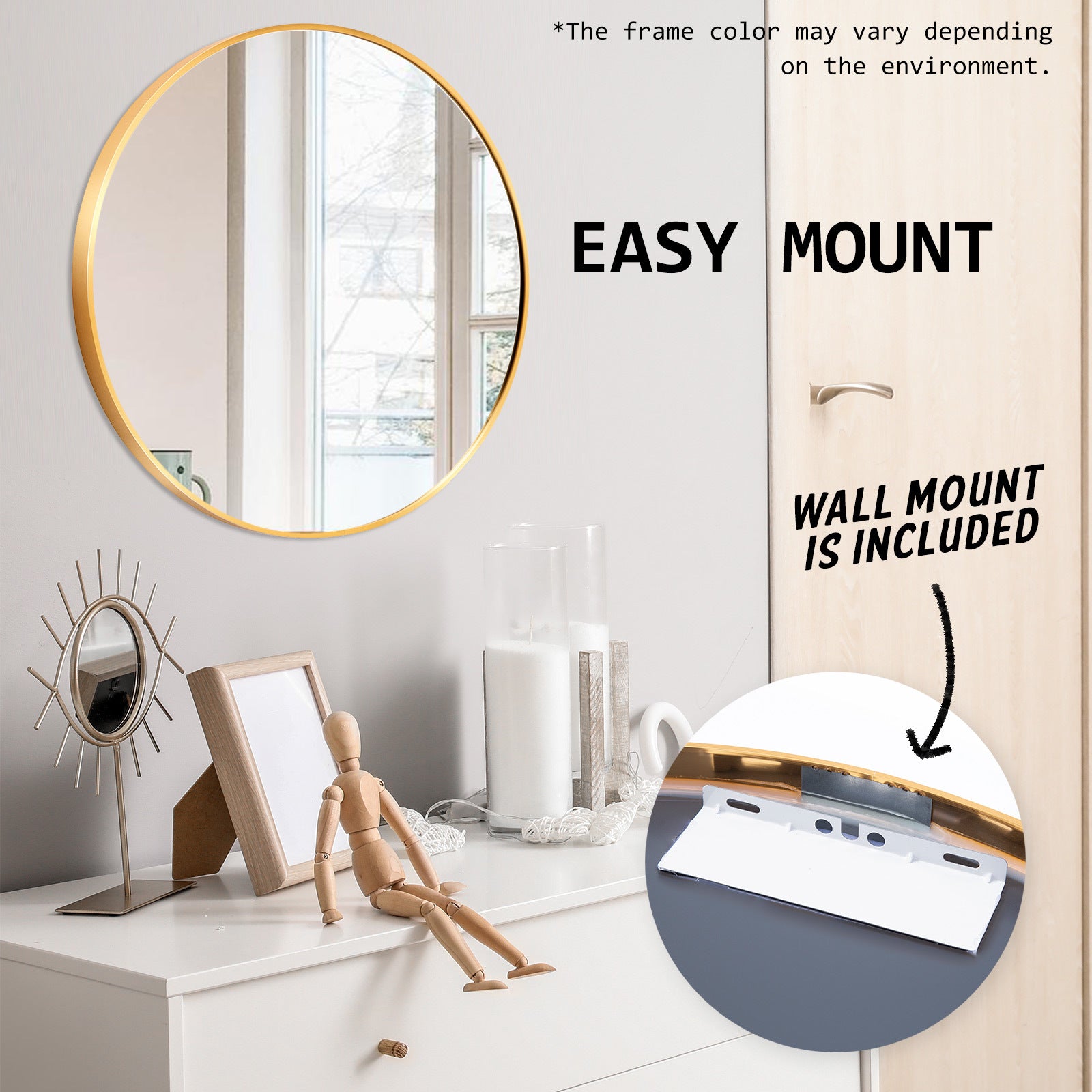 2 Set Round Wall Mirrors, 70cm Aluminum Frame, Gold