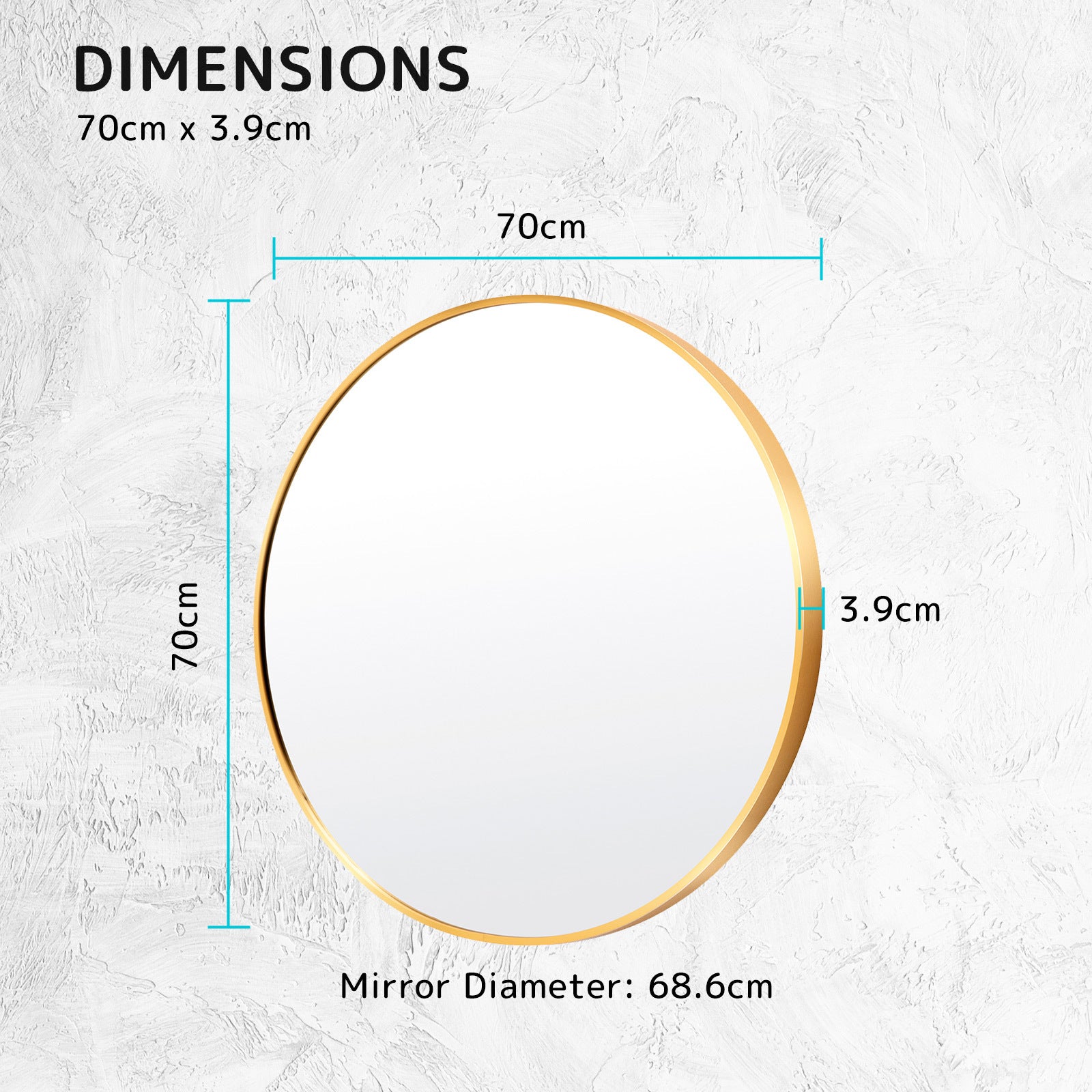 2 Set Round Wall Mirrors, 70cm Aluminum Frame, Gold