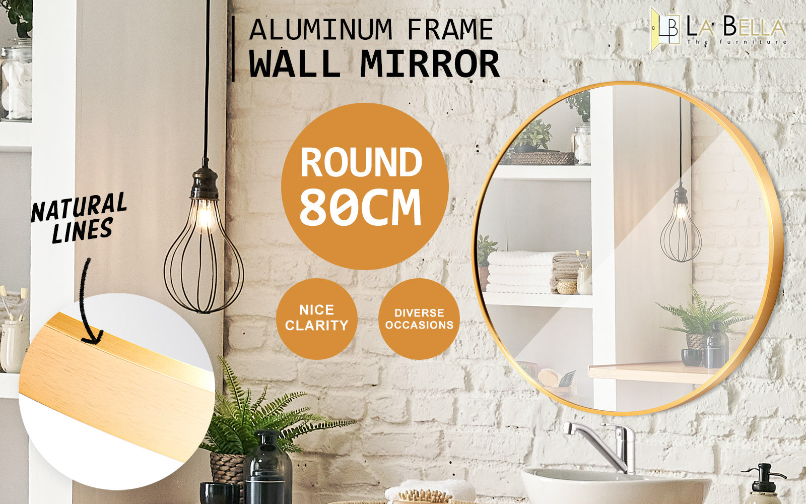 Gold Round Wall Mirror 80cm Aluminum Frame Modern Chic La Bella