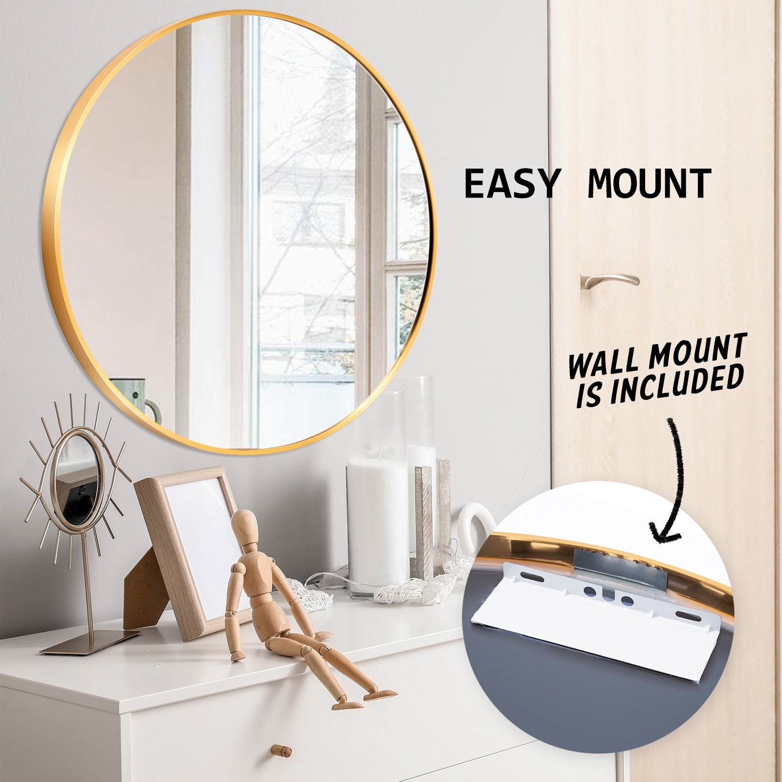 Gold Round Wall Mirror 80cm Aluminum Frame Modern Chic La Bella