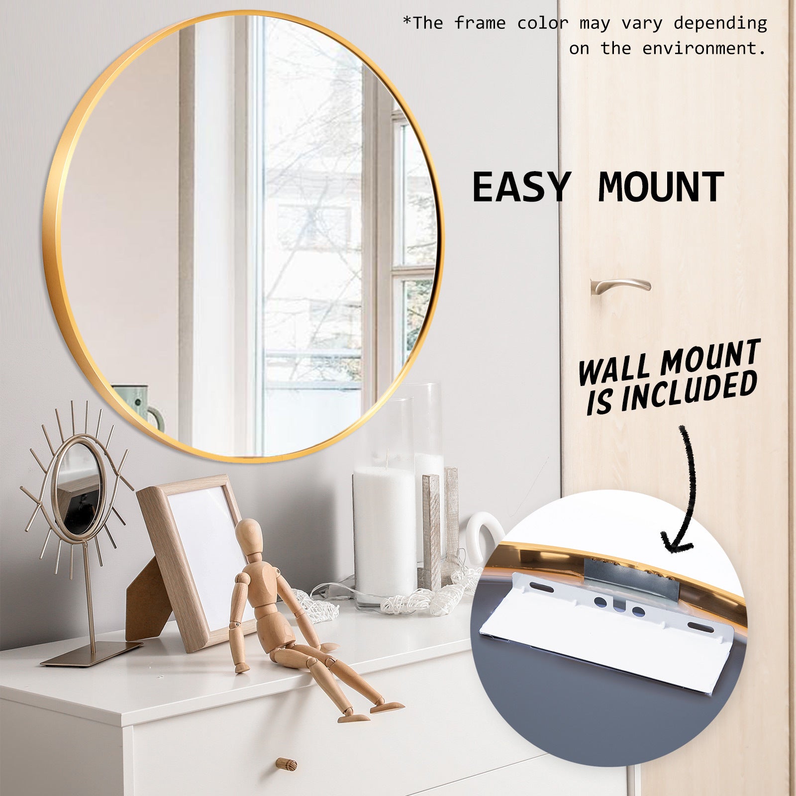 2 Set Round Wall Mirrors, Aluminum Frame, 80cm Gold, La Bella