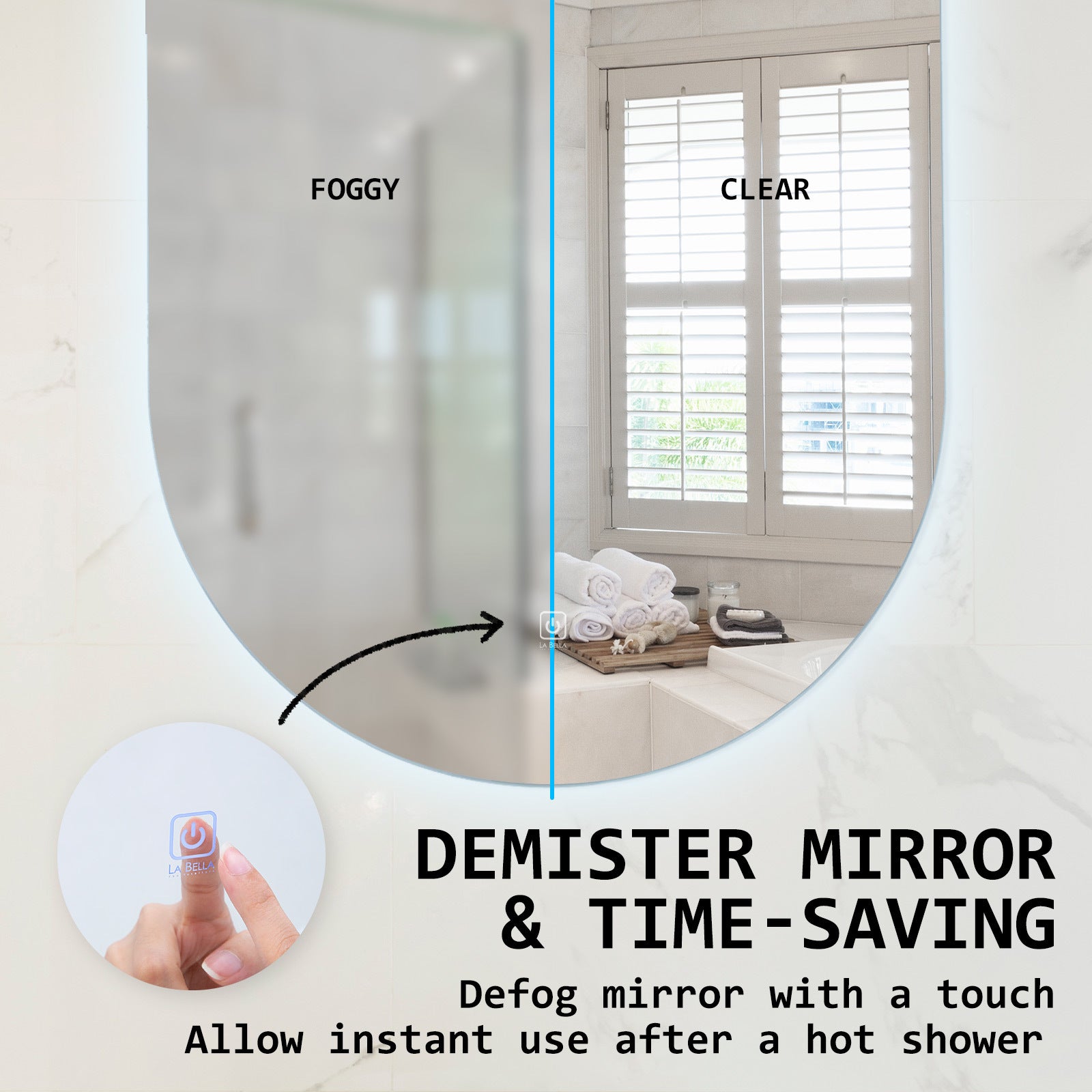 Anti-Fog LED Oval Wall Mirror, Frameless, Waterproof, 45x100cm La Bella