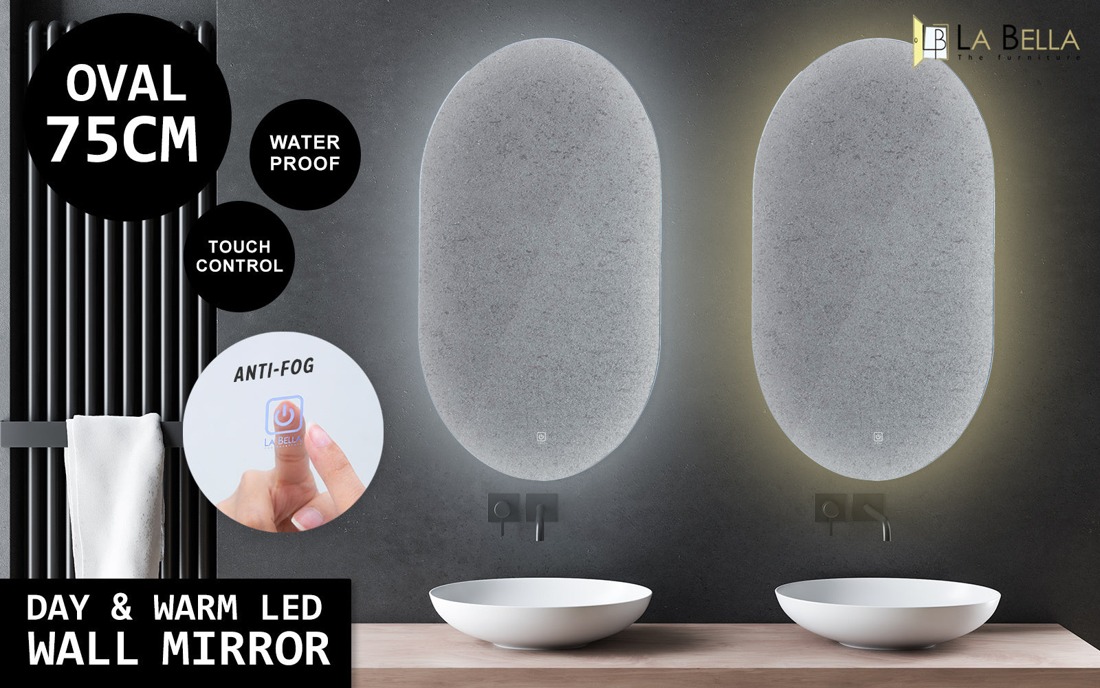 LED Wall Mirror Oval Anti-Fog Bathroom 50x75cm