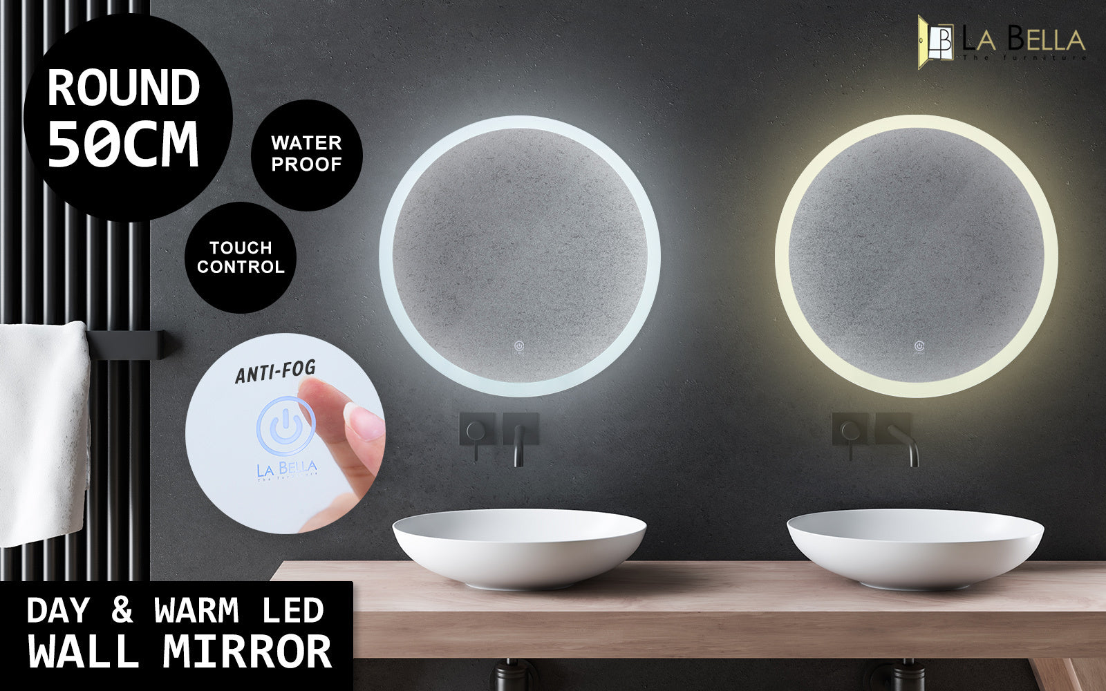 Round Anti-Fog LED Touch Bathroom Mirror 50cm La Bella