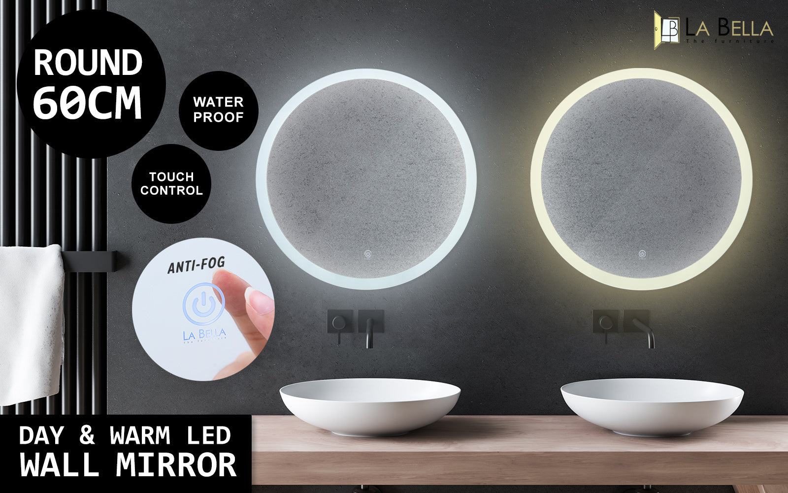 Dual LED Anti-Fog Round Wall Mirrors, Touch Switch - La Bella