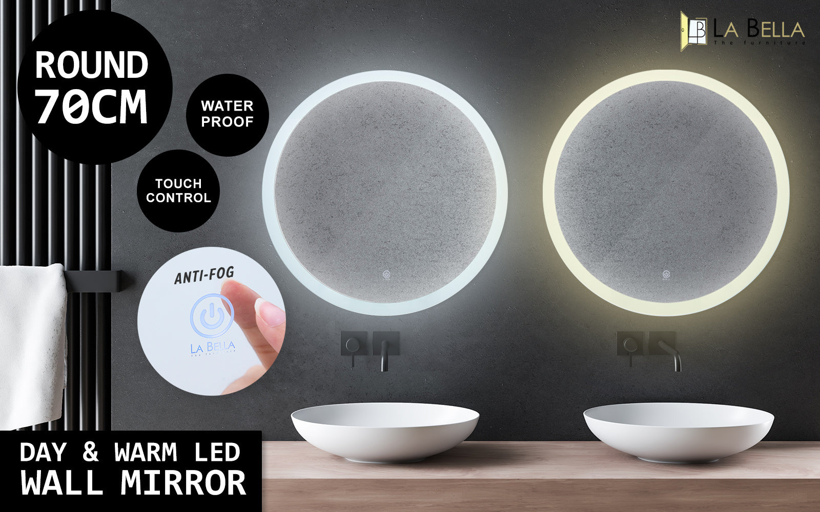 Anti-Fog LED Wall Mirror Round Touch Switch Waterproof 70cm