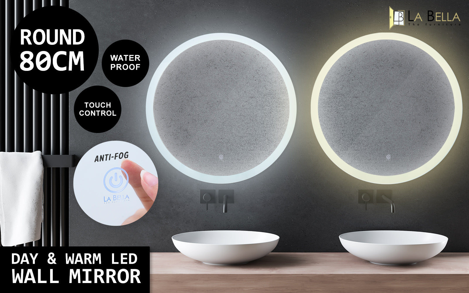 Anti-Fog Round LED Wall Mirror, Touch Switch, 80cm - La Bella