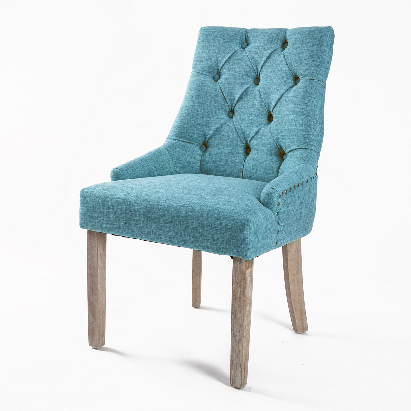 Blue Linen Dining Chair with Oak Legs, Brass Studs - La Bella