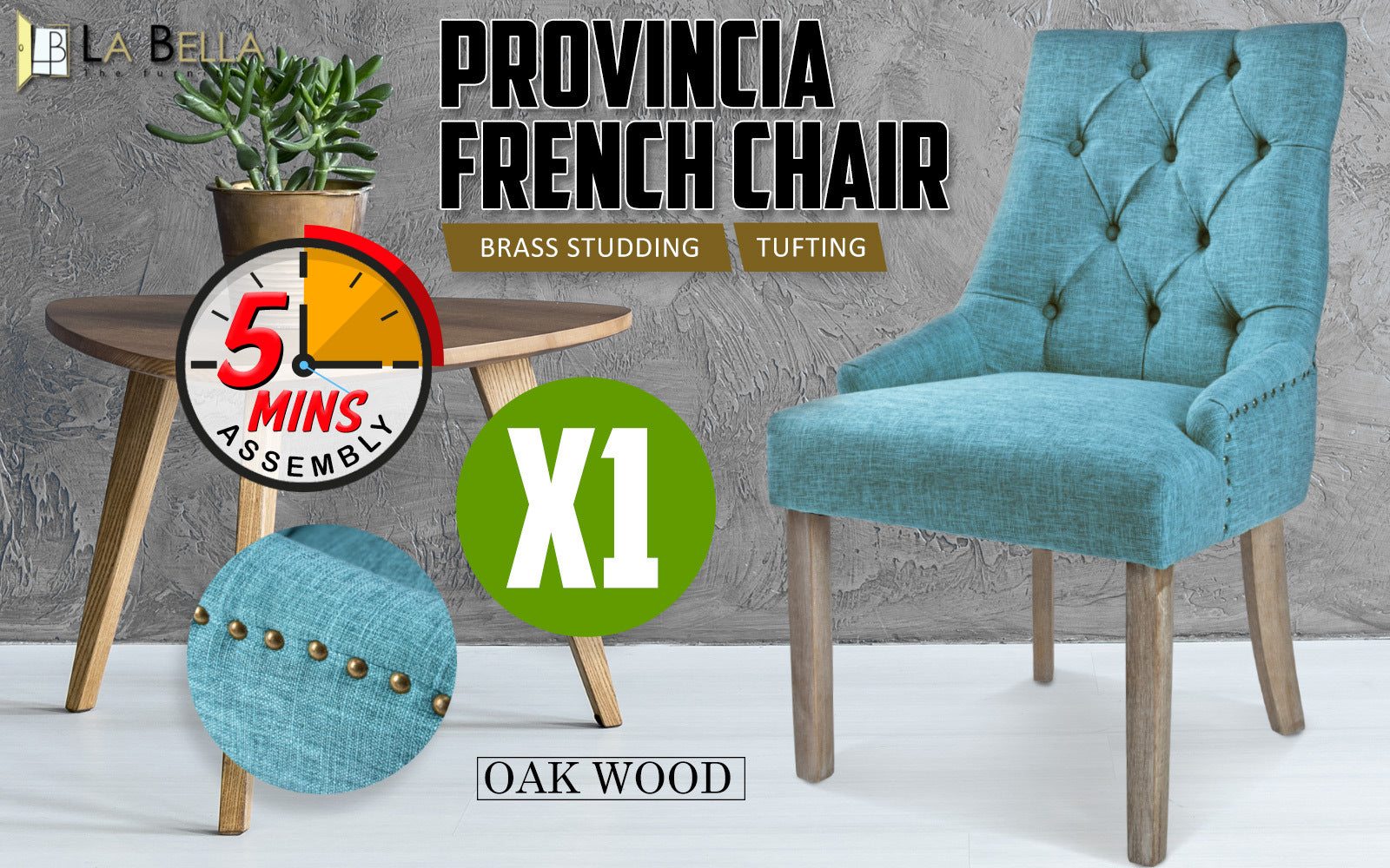 Blue Linen Dining Chair with Oak Legs, Brass Studs - La Bella