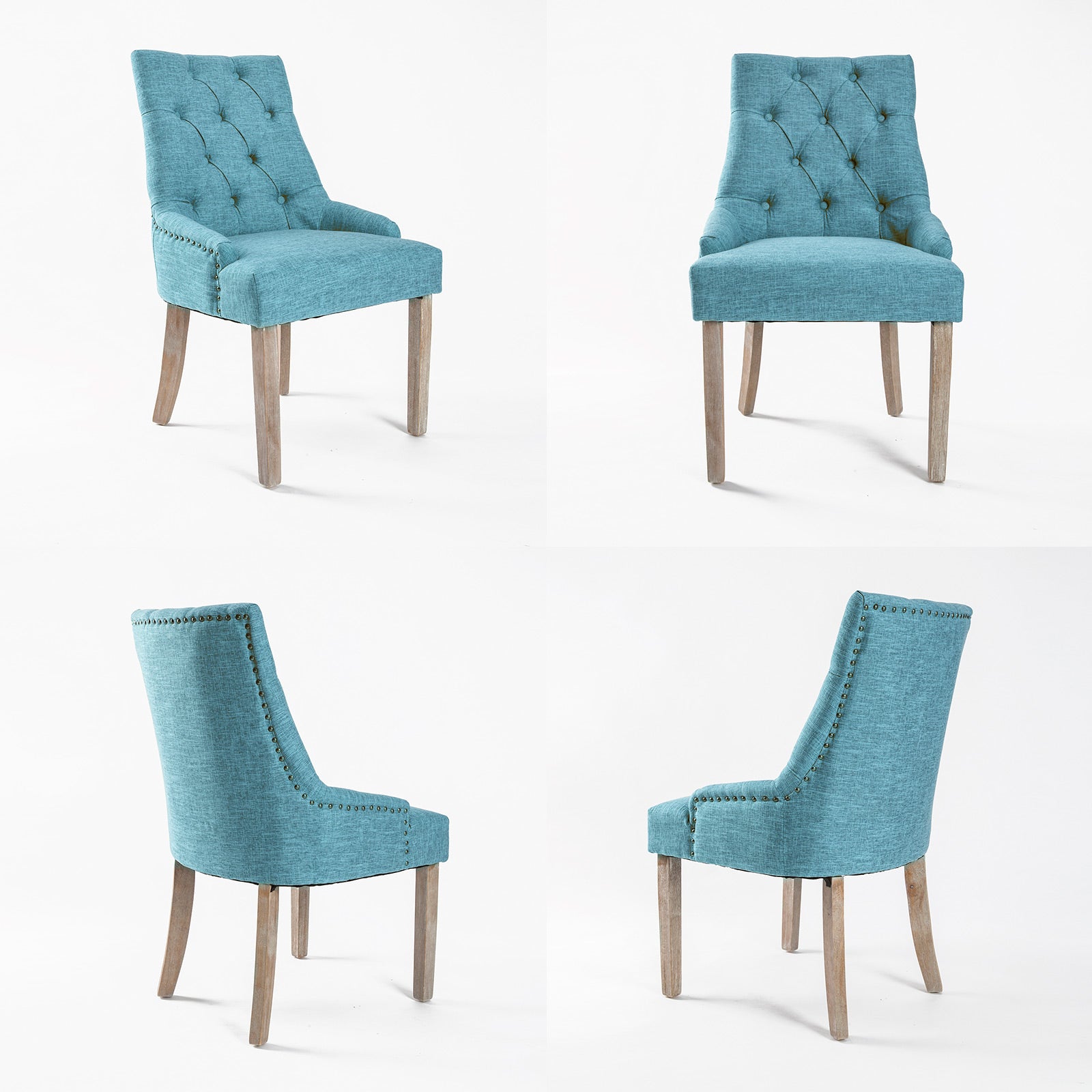 Blue Linen Dining Chair with Oak Legs, Brass Studs - La Bella