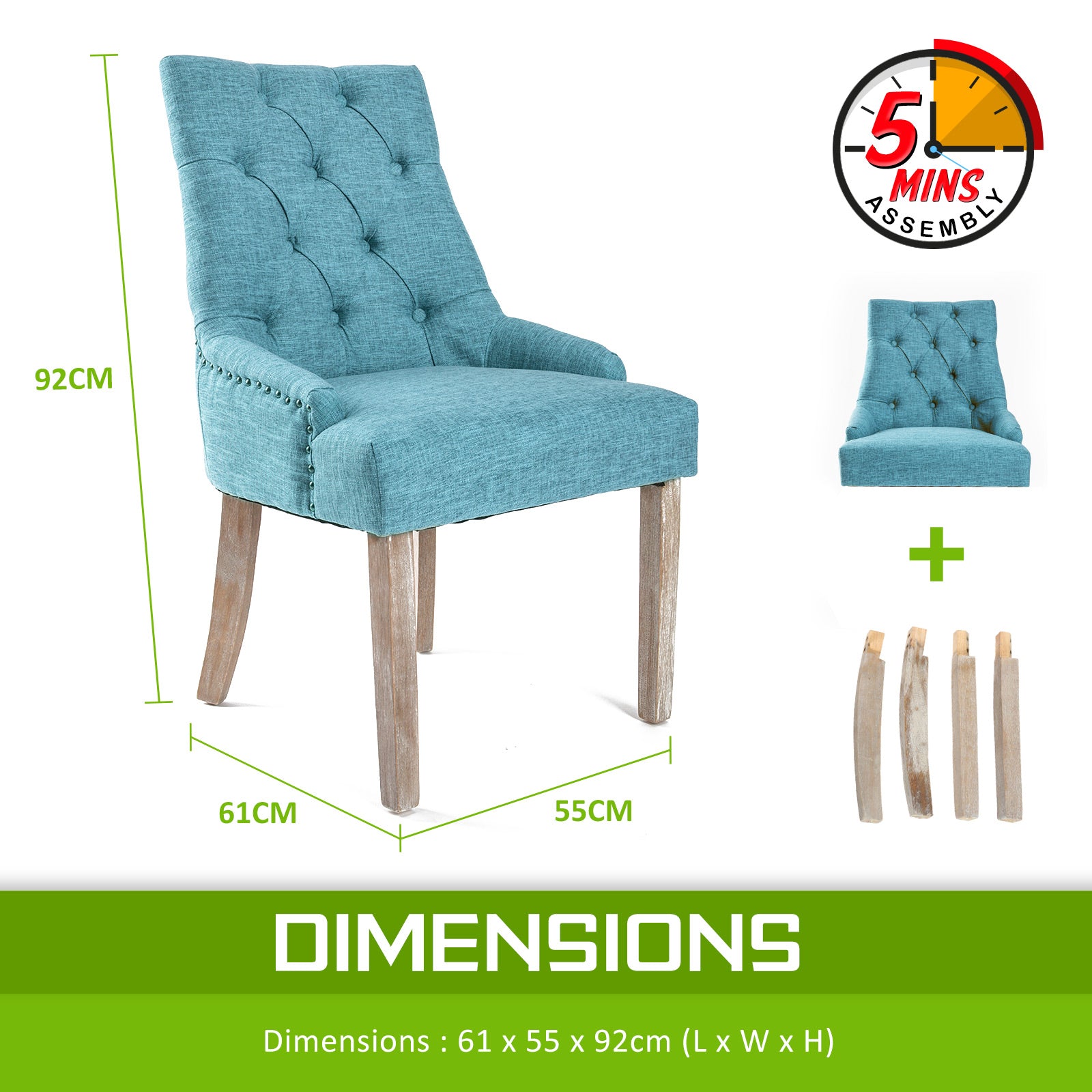 Blue Linen Dining Chair with Oak Legs, Brass Studs - La Bella