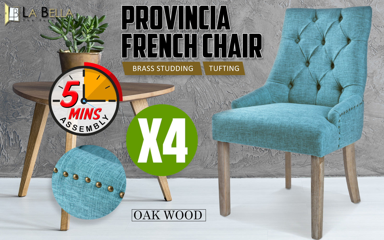 Elegant Blue Upholstered Dining Chairs Set, Oak Legs - La Bella