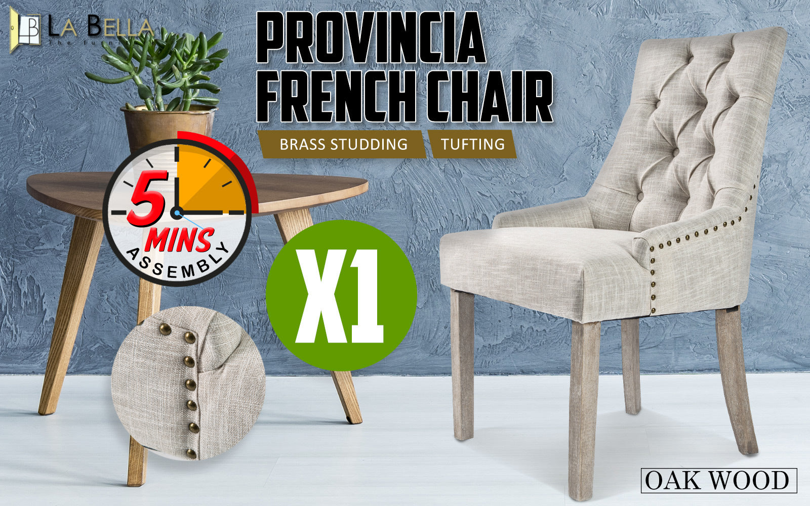 Cream French Provincial Dining Chair, Oak Legs, La Bella