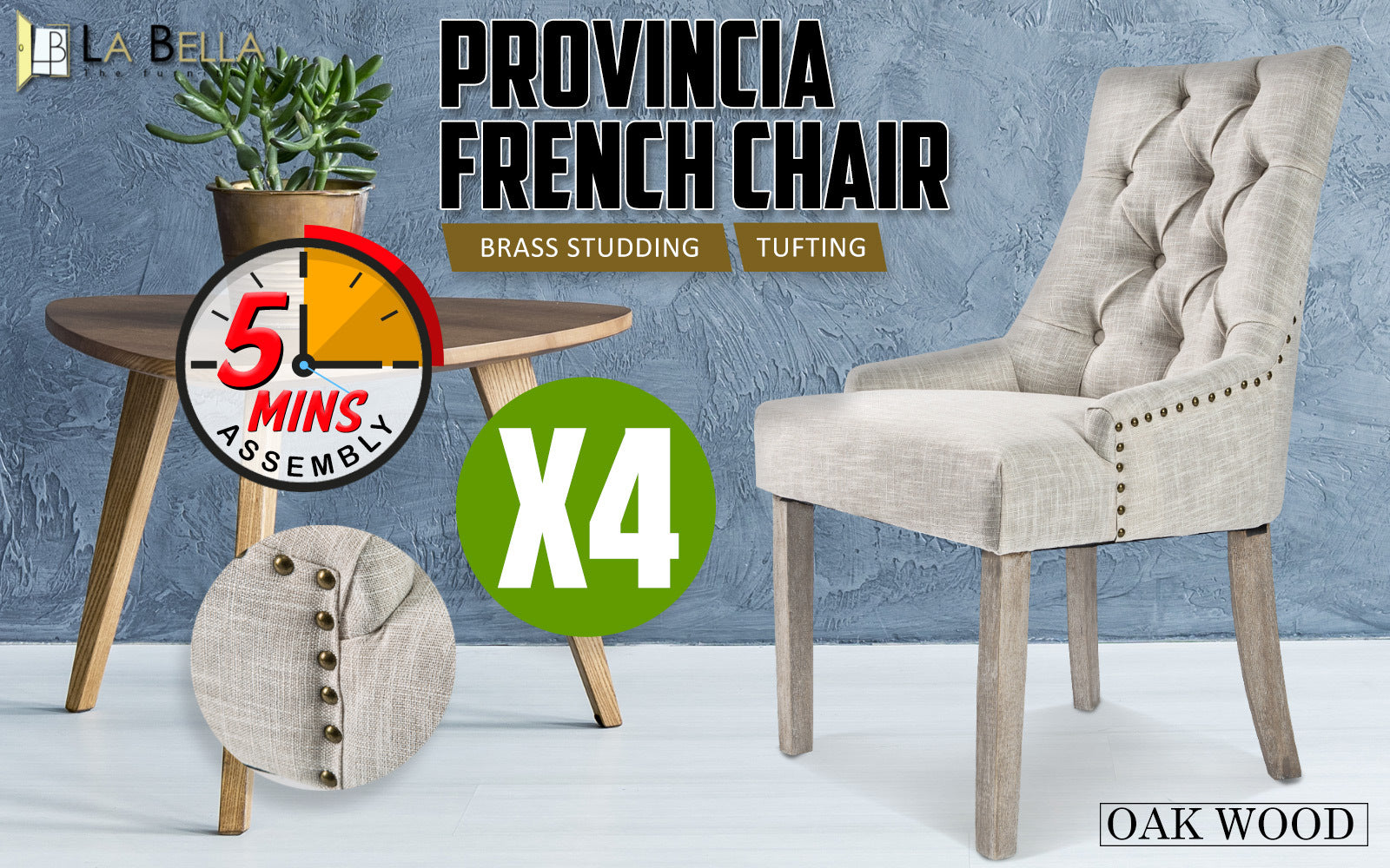 Elegant Cream French Provincial Dining Chairs, Oak Legs, Set of 4, La Bella