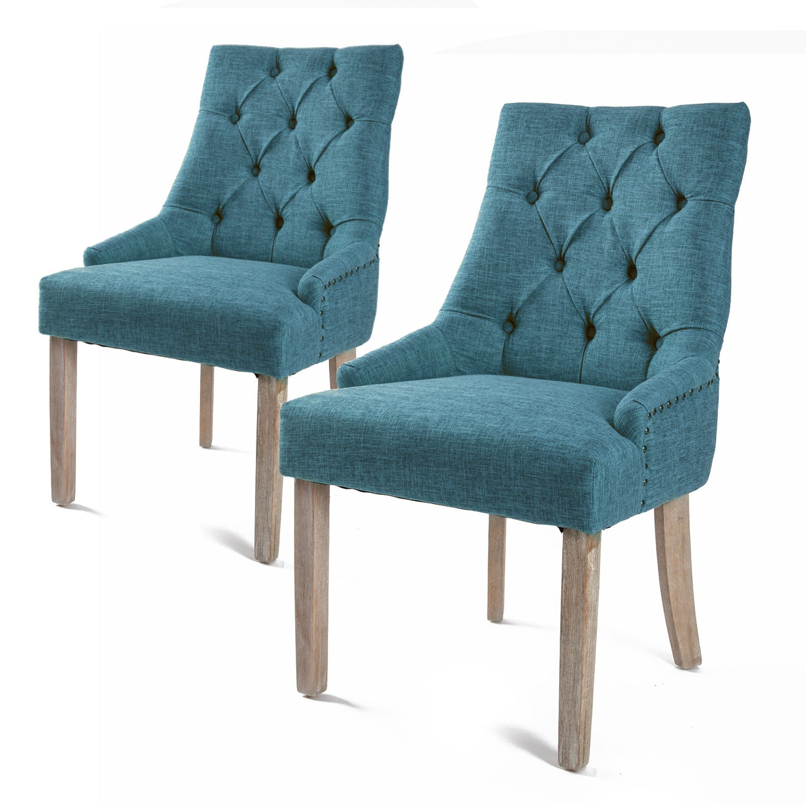 Dark Blue Upholstered Dining Chairs with Oak Legs - 2 Set