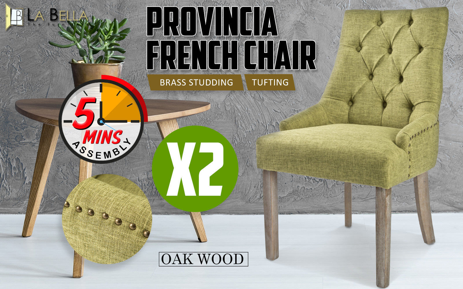 Oak Legs Green French Provincial Dining Chairs Set 2 La Bella