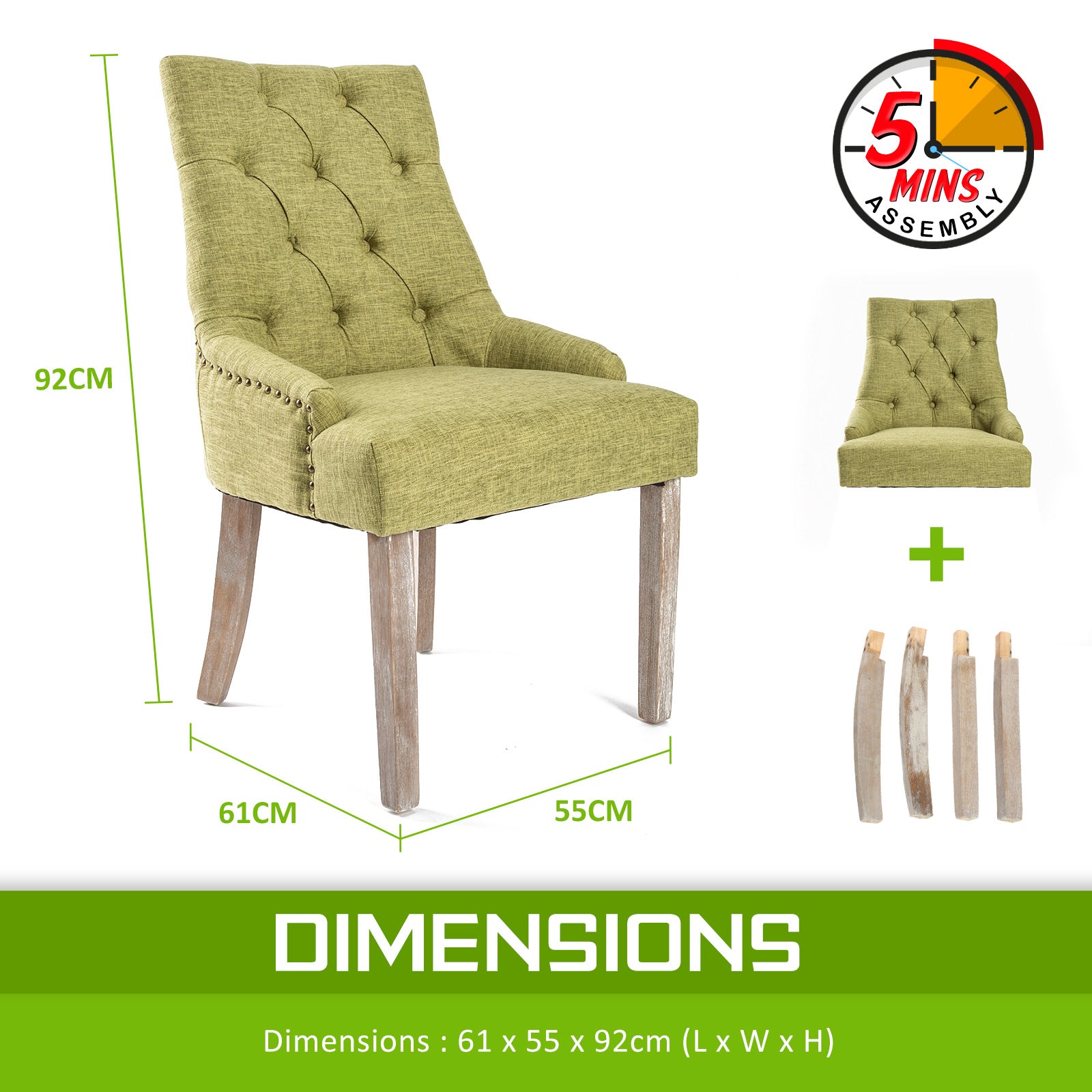 Oak Legs Green French Provincial Dining Chairs Set 2 La Bella