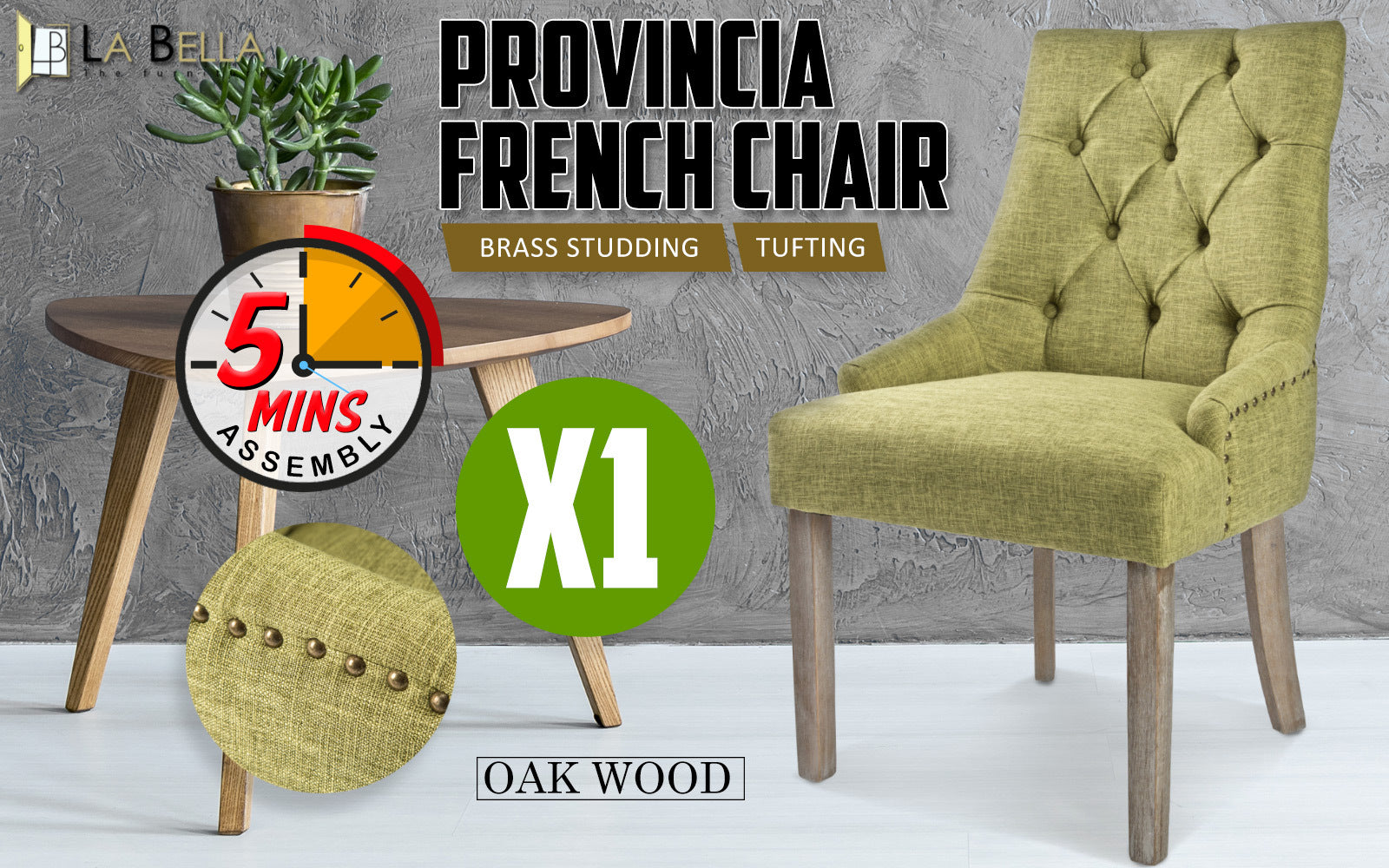 Green French Provincial Dining Chair, Oak Legs, Padded Seat, La Bella