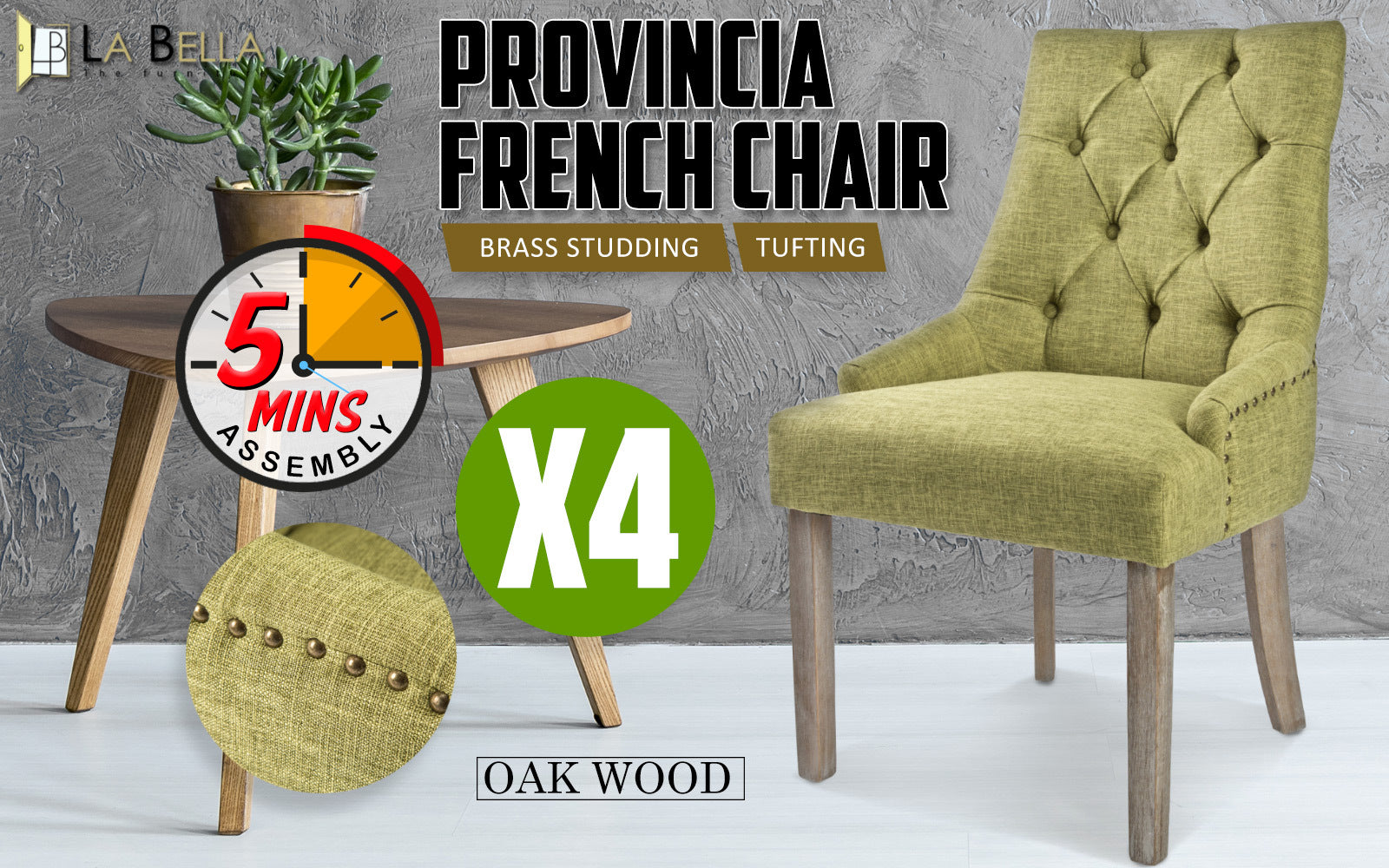 French Provincial Upholstered Dining Chairs Oak Legs Set - La Bella