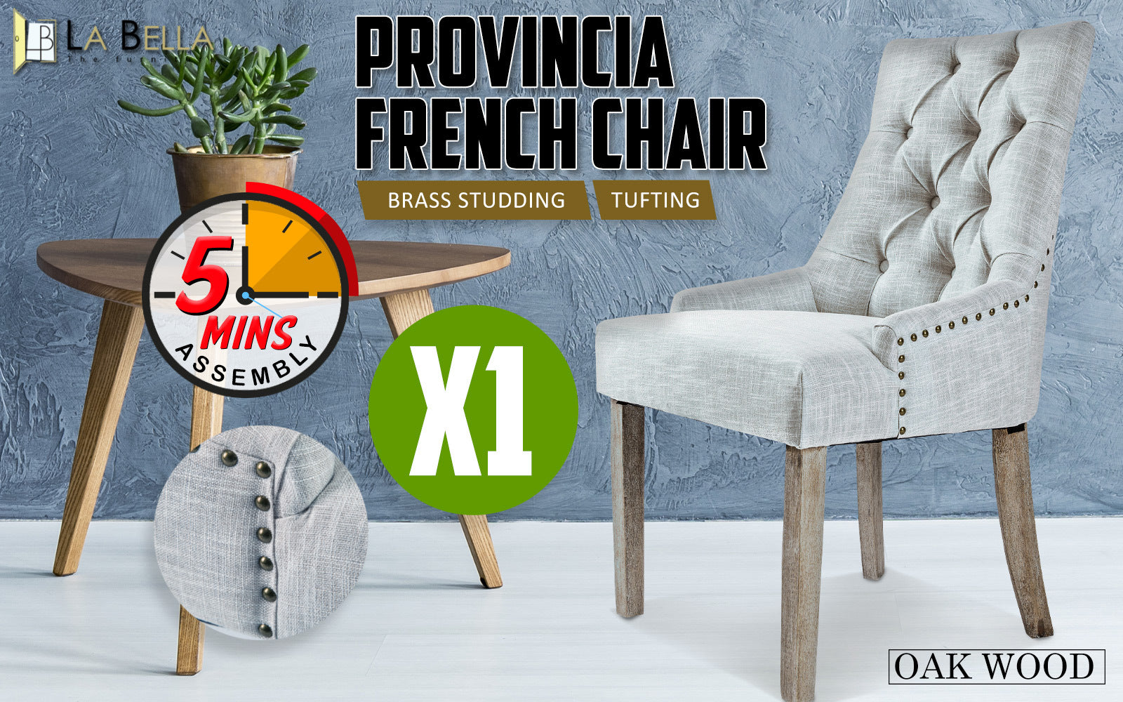 Elegant French Provincial Dining Chair, Grey Fabric, Oak Legs, La Bella