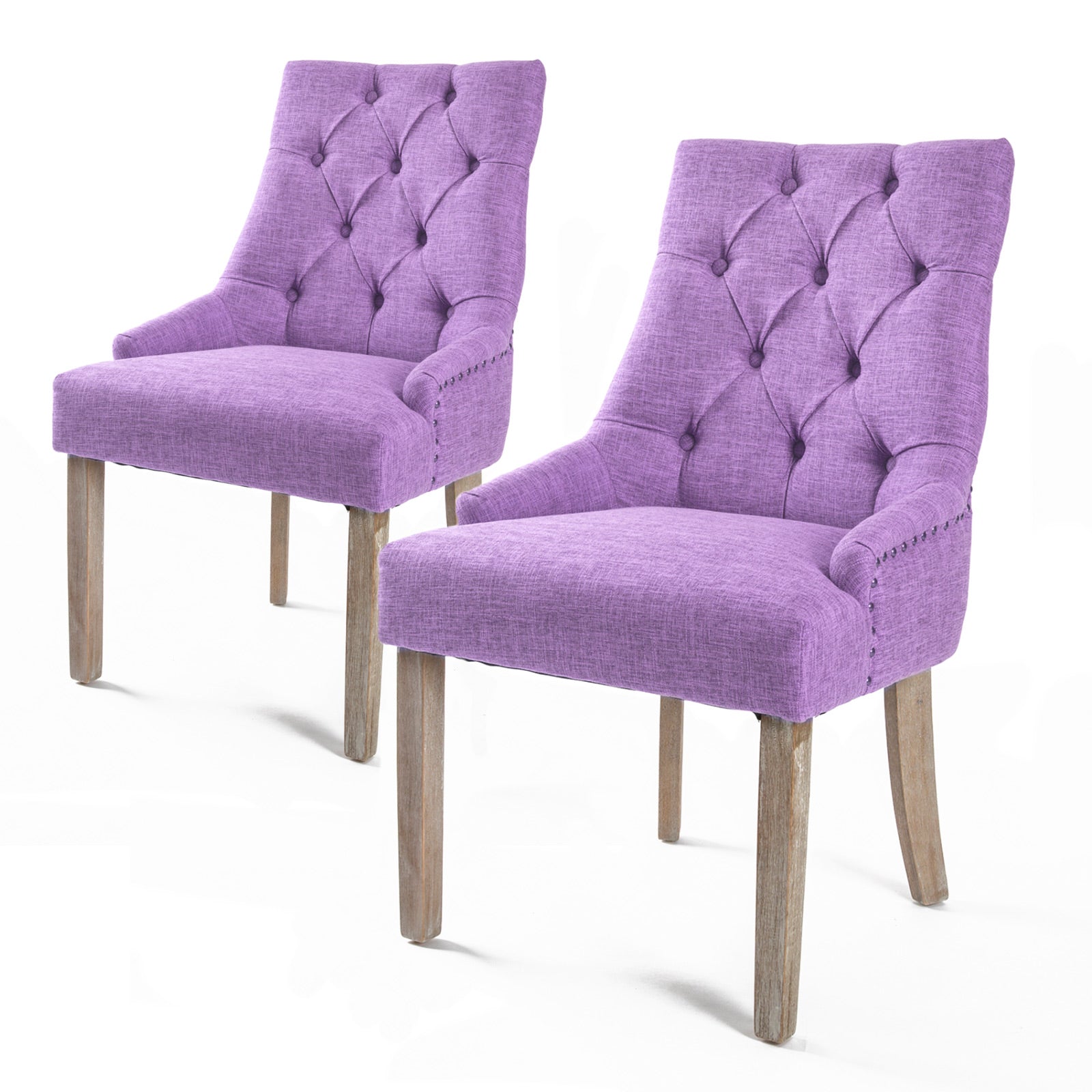 Violet Fabric Upholstered French Dining Chairs, Oak Legs, Set of 2 - La Bella