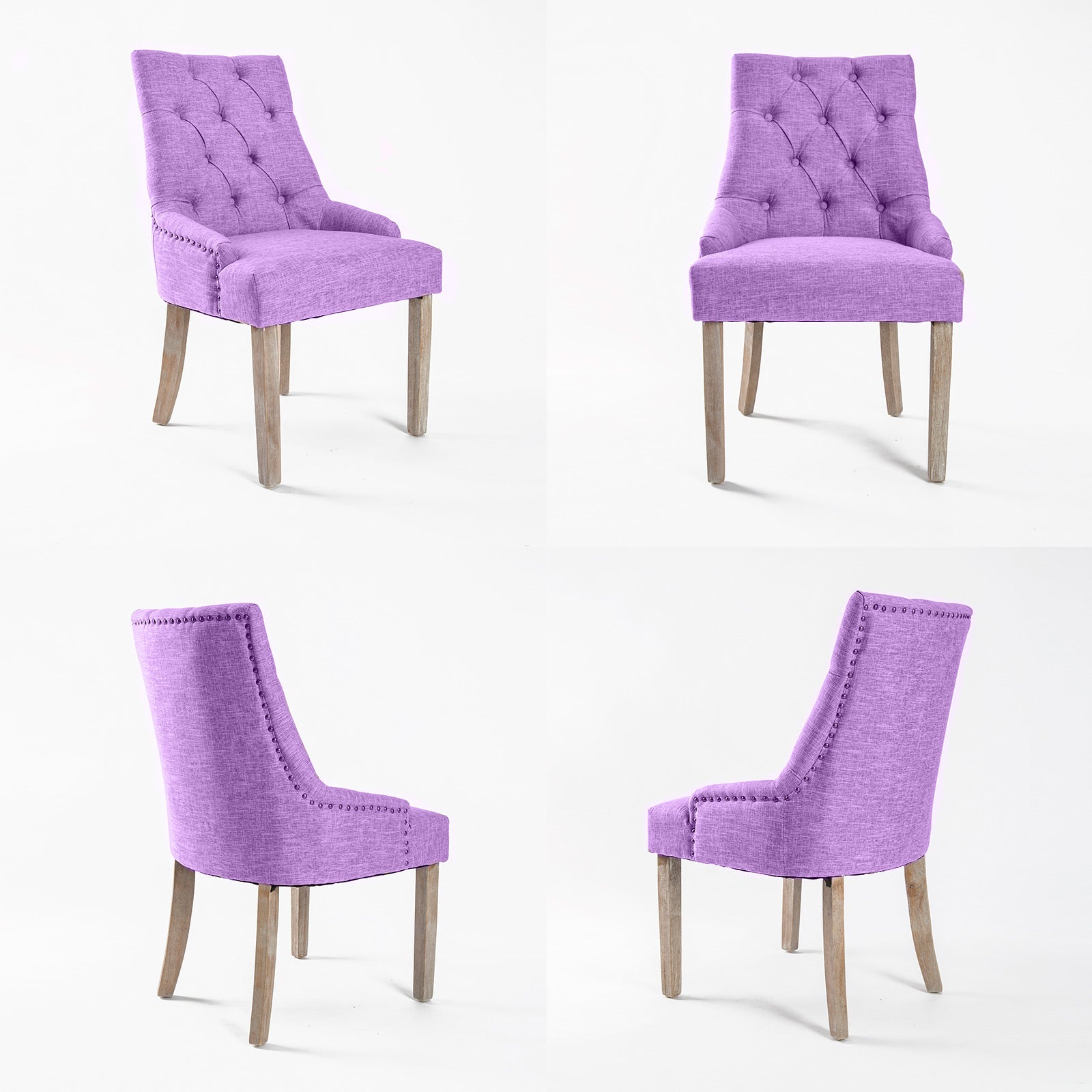 Violet Fabric Upholstered French Dining Chairs, Oak Legs, Set of 2 - La Bella