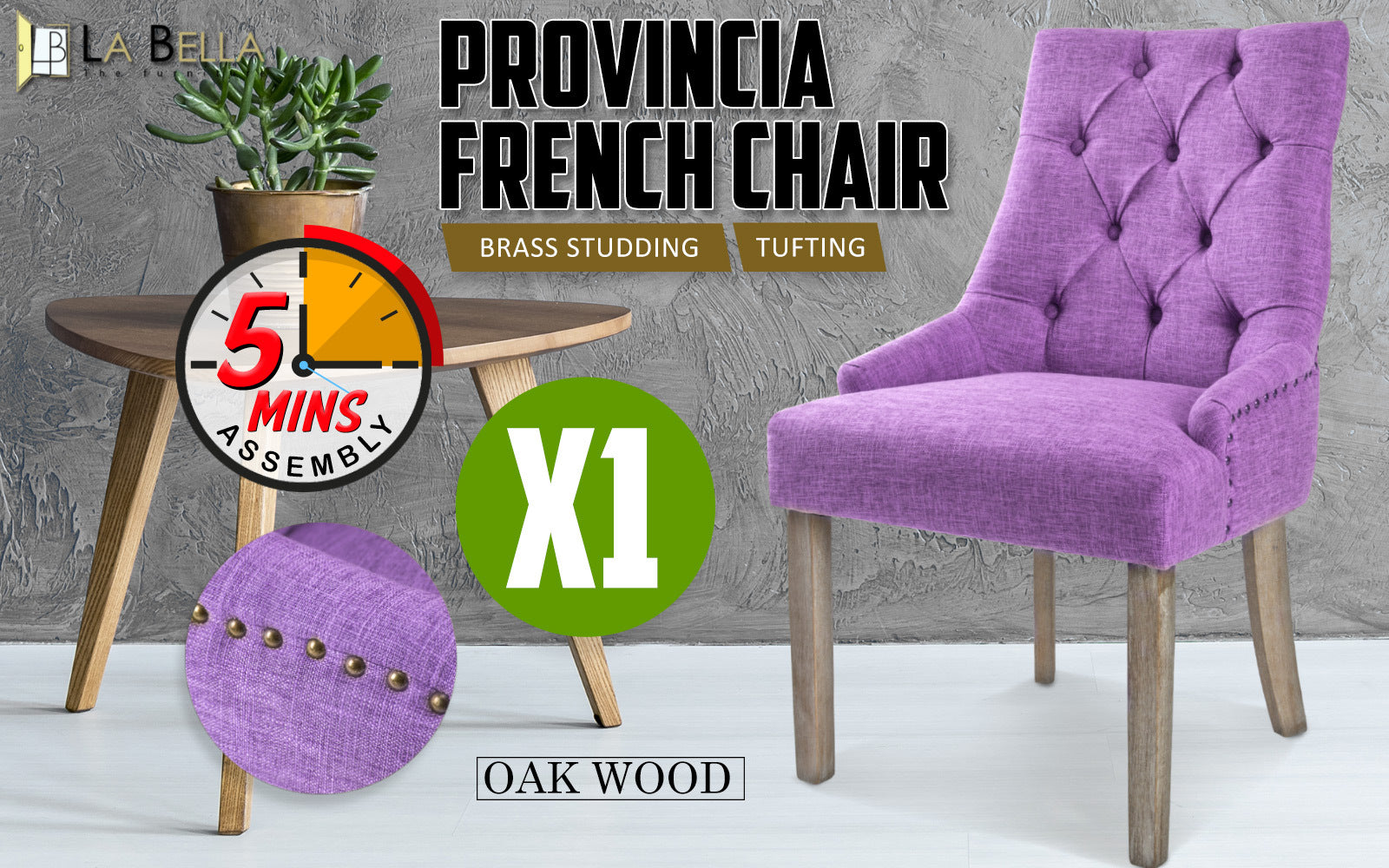 Elegant Violet Upholstered Dining Chair, Oak Legs - La Bella