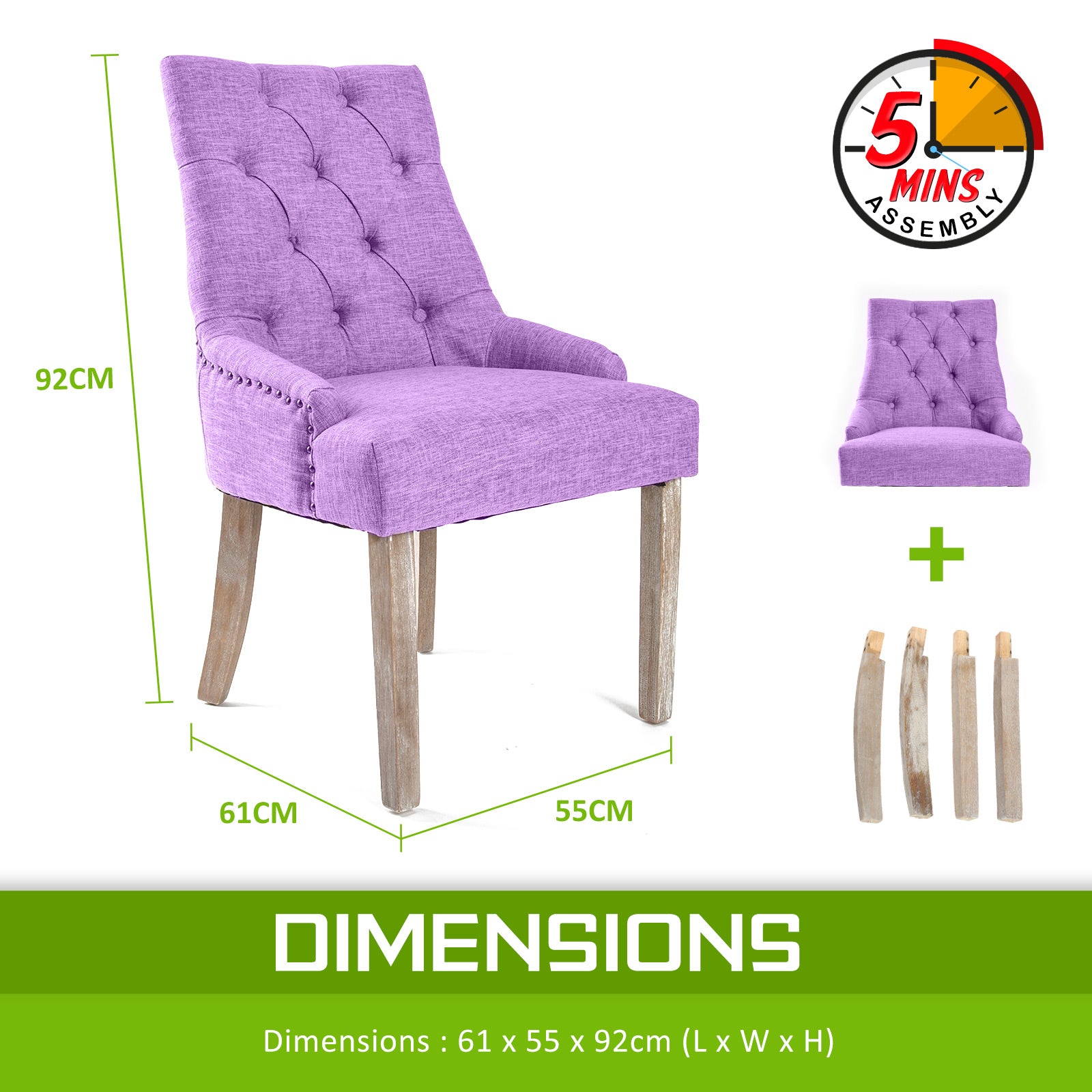 Elegant Violet Upholstered Dining Chair, Oak Legs - La Bella