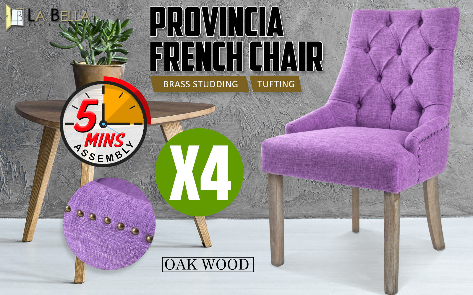 Elegant Tufted Violet Dining Chairs Oak Legs, Set of 4 - La Bella