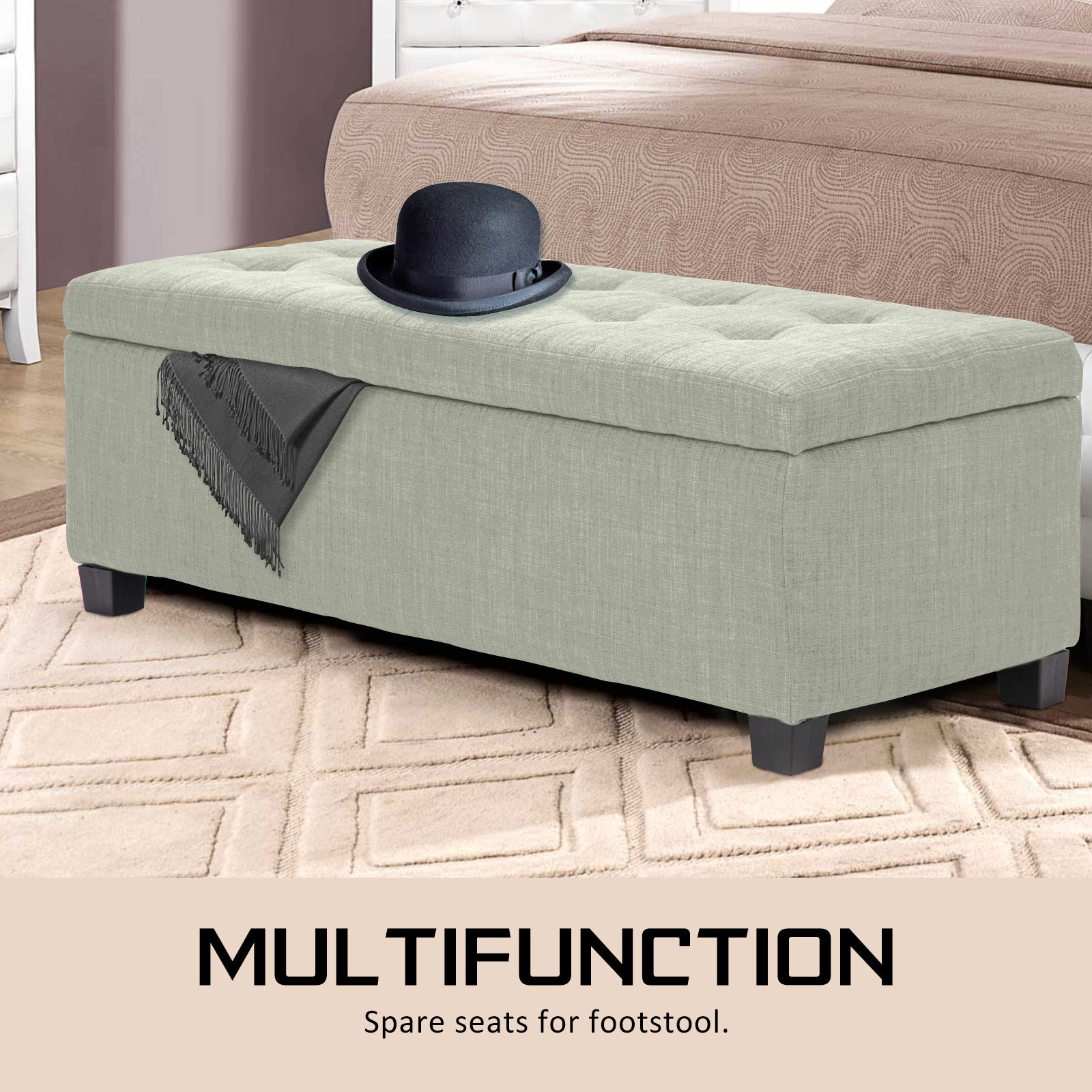 Elegant Faux Linen Storage Ottoman, 102cm, Light Green, La Bella