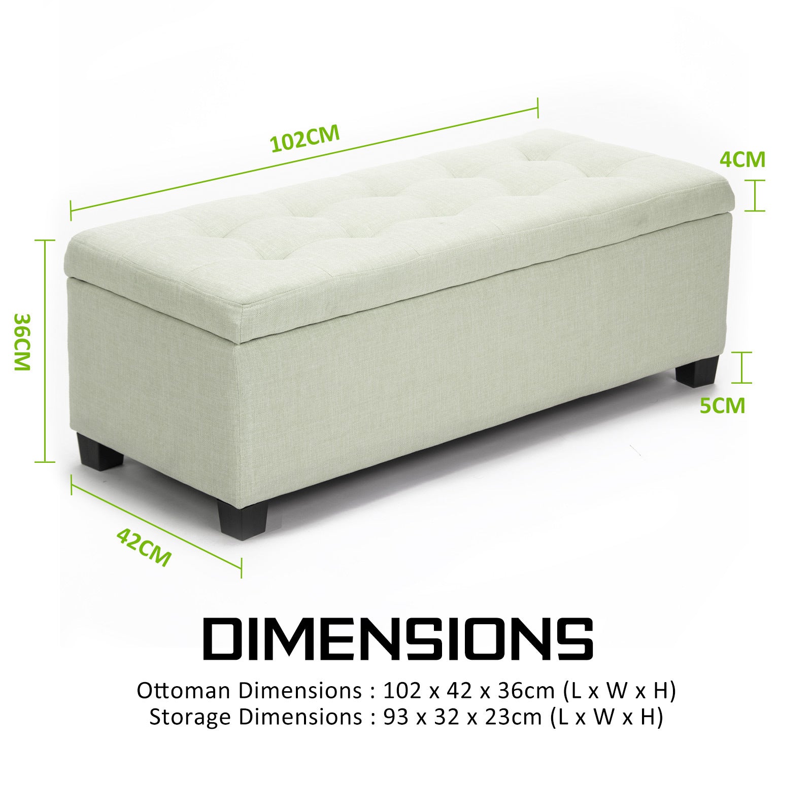 Elegant Faux Linen Storage Ottoman, 102cm, Light Green, La Bella