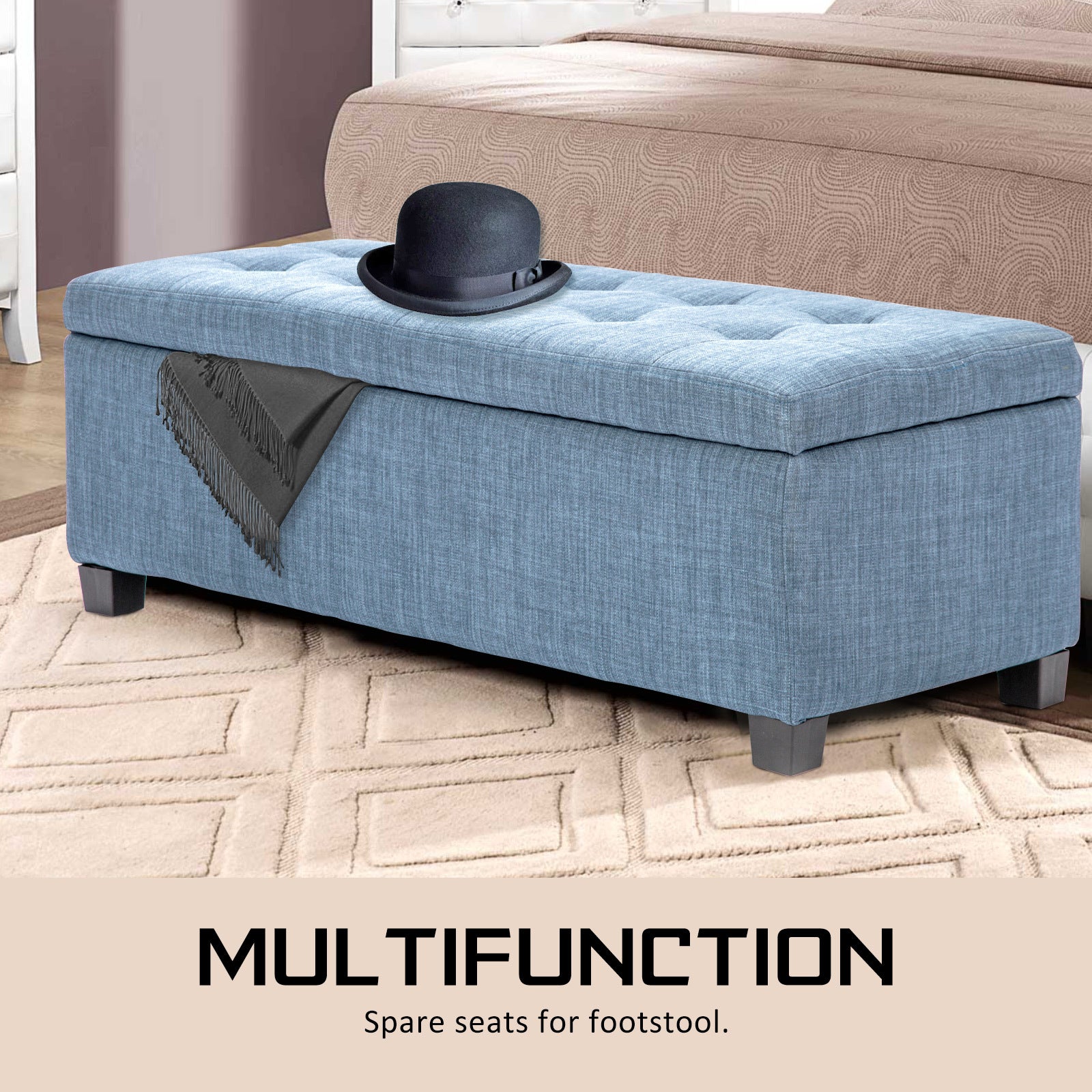 Luxurious Fabric Storage Ottoman Stool, 102cm Grey Blue, La Bella