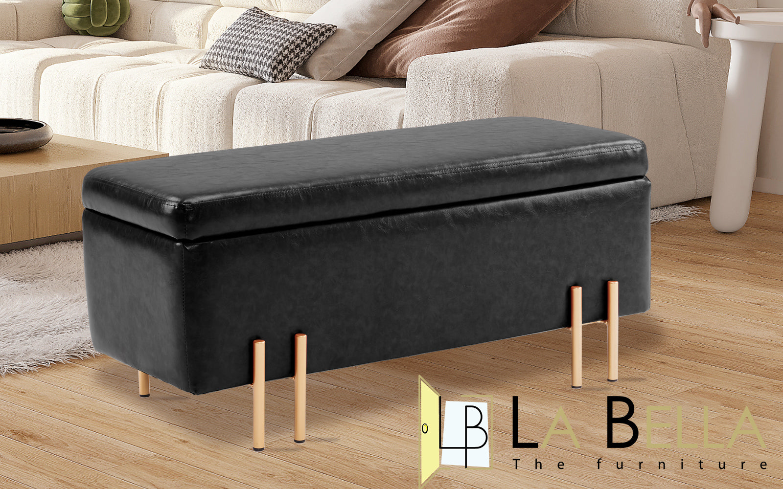 Black PU Leather Storage Ottoman Bench, 97cm, La Bella