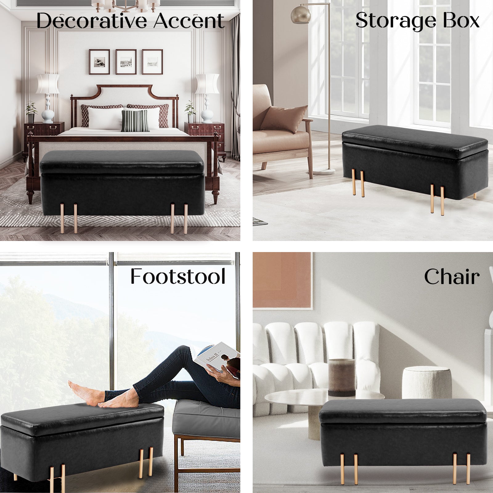 Black PU Leather Storage Ottoman Bench, 97cm, La Bella