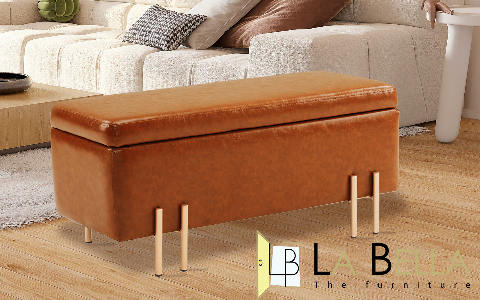 PU Leather Storage Ottoman Bench - Brown, 97cm, La Bella