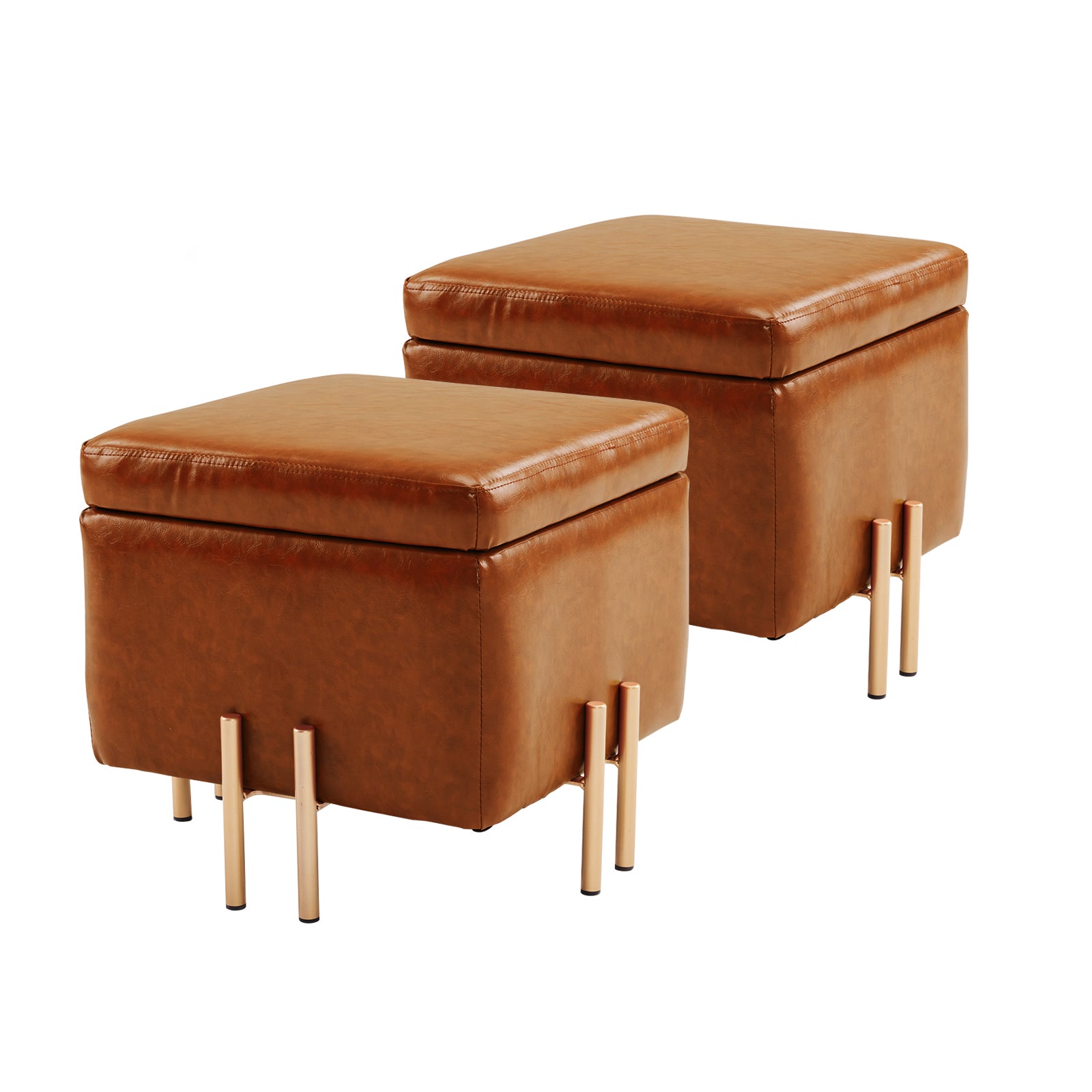 Brown PU Leather Storage Ottoman Set, Foot Stool with Cushion