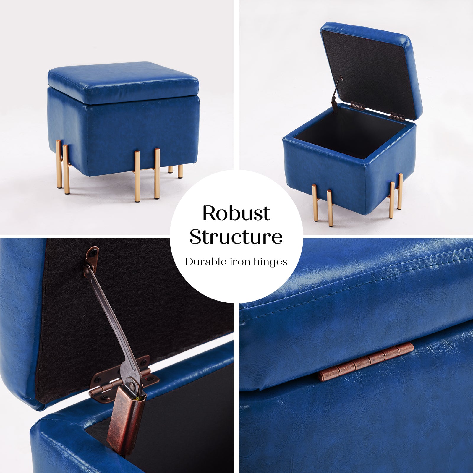 Blue PU Leather Storage Ottoman Foot Stool 45cm with Metal Legs