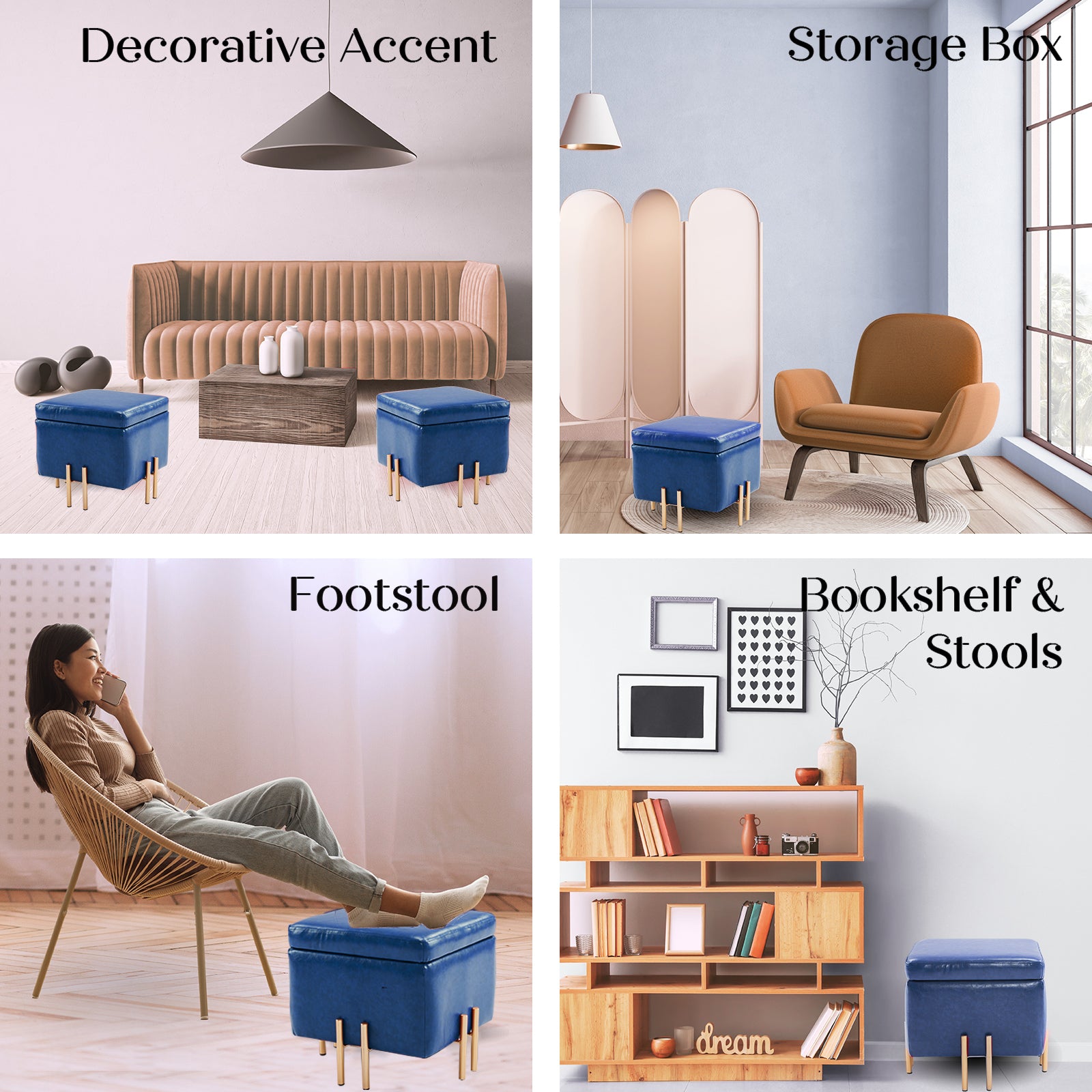 Blue PU Leather Storage Ottoman Foot Stool 45cm with Metal Legs