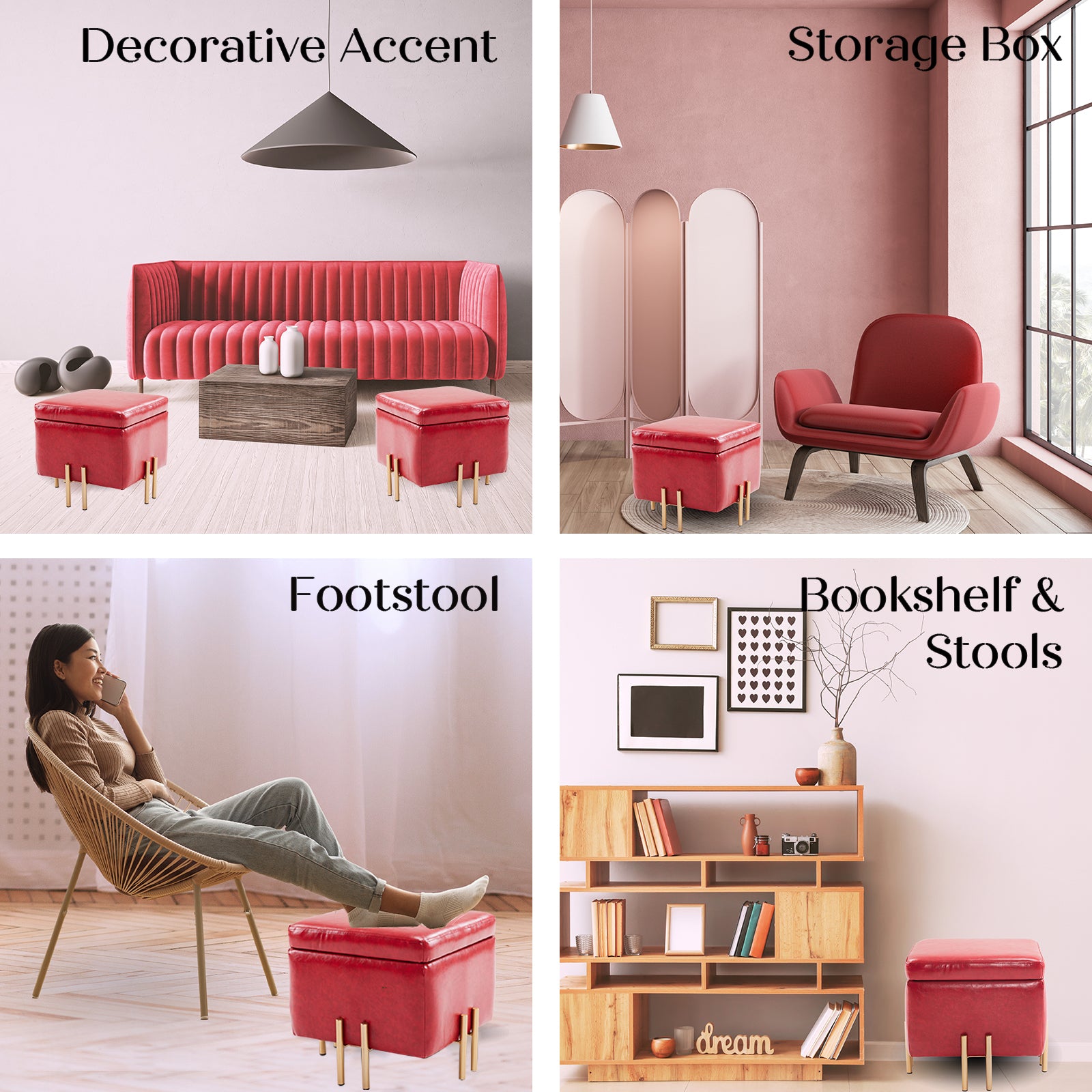 Red PU Leather Ottoman Set with Storage & Cushion Seat