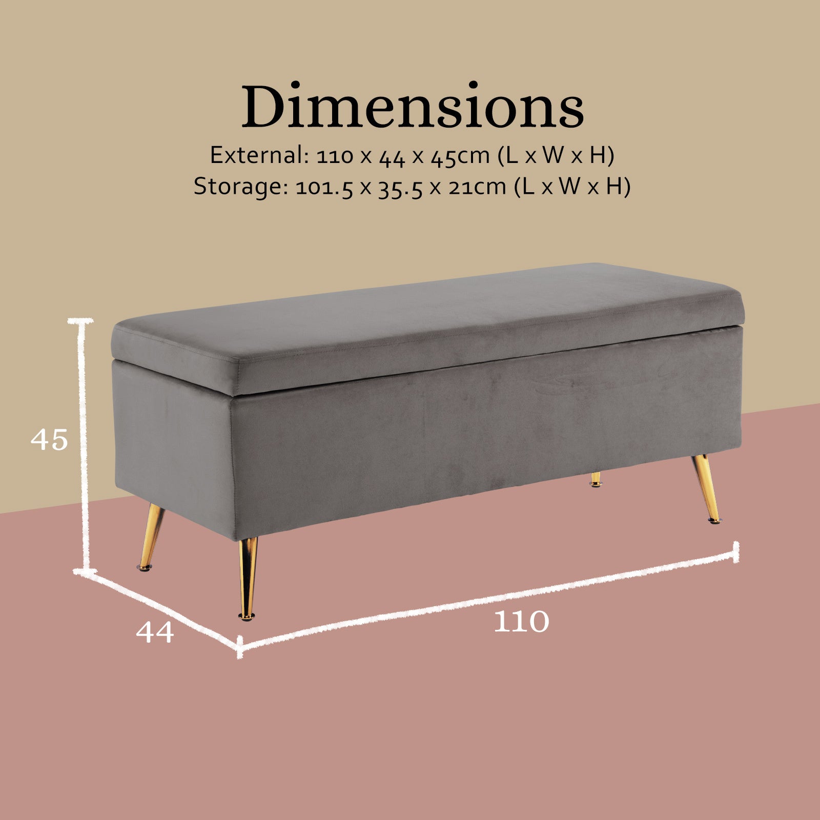 Elegant Velvet Storage Ottoman Bench Seat 110cm Grey - La Bella