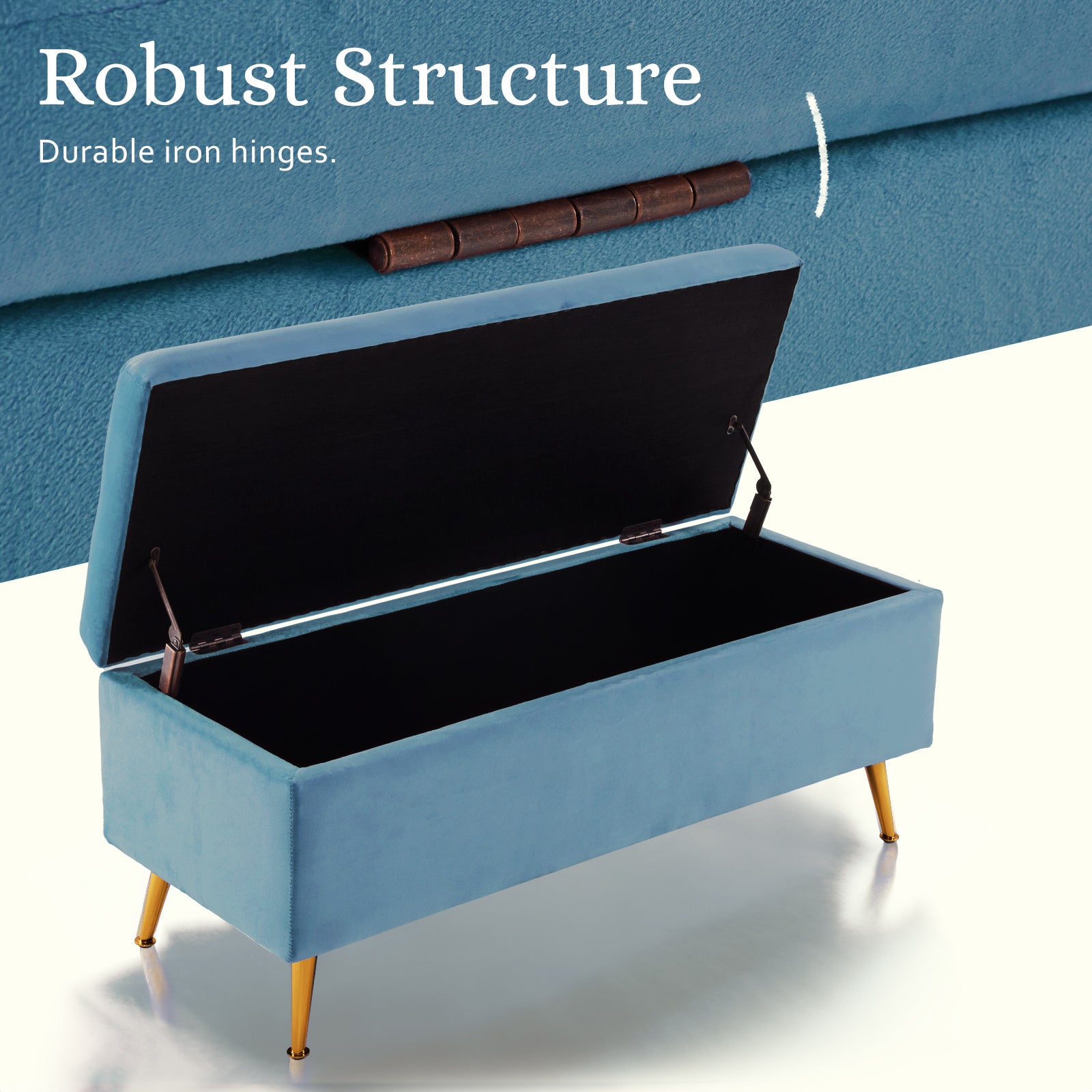 Ocean Blue Velvet Storage Ottoman Bench with Metal Legs