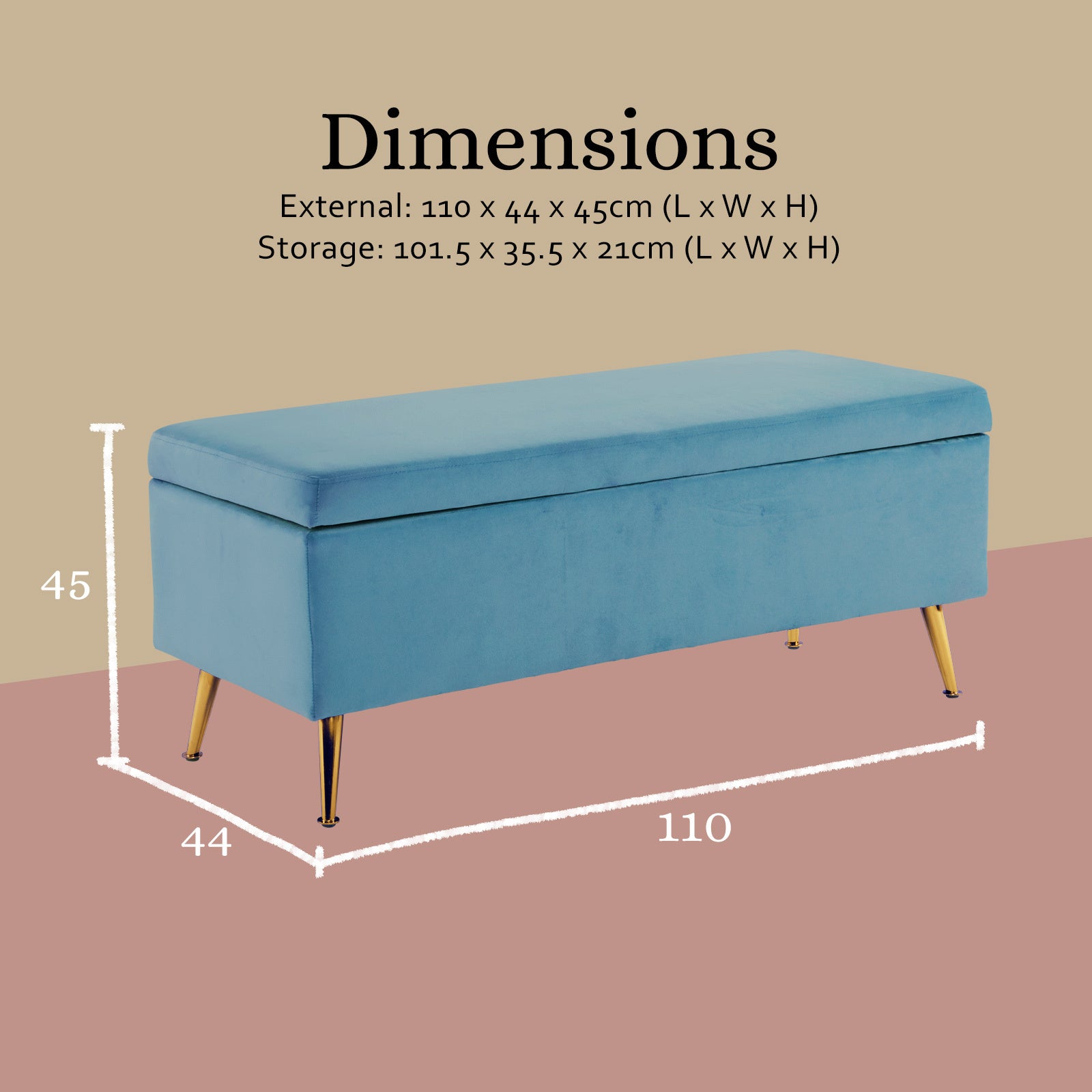 Ocean Blue Velvet Storage Ottoman Bench with Metal Legs