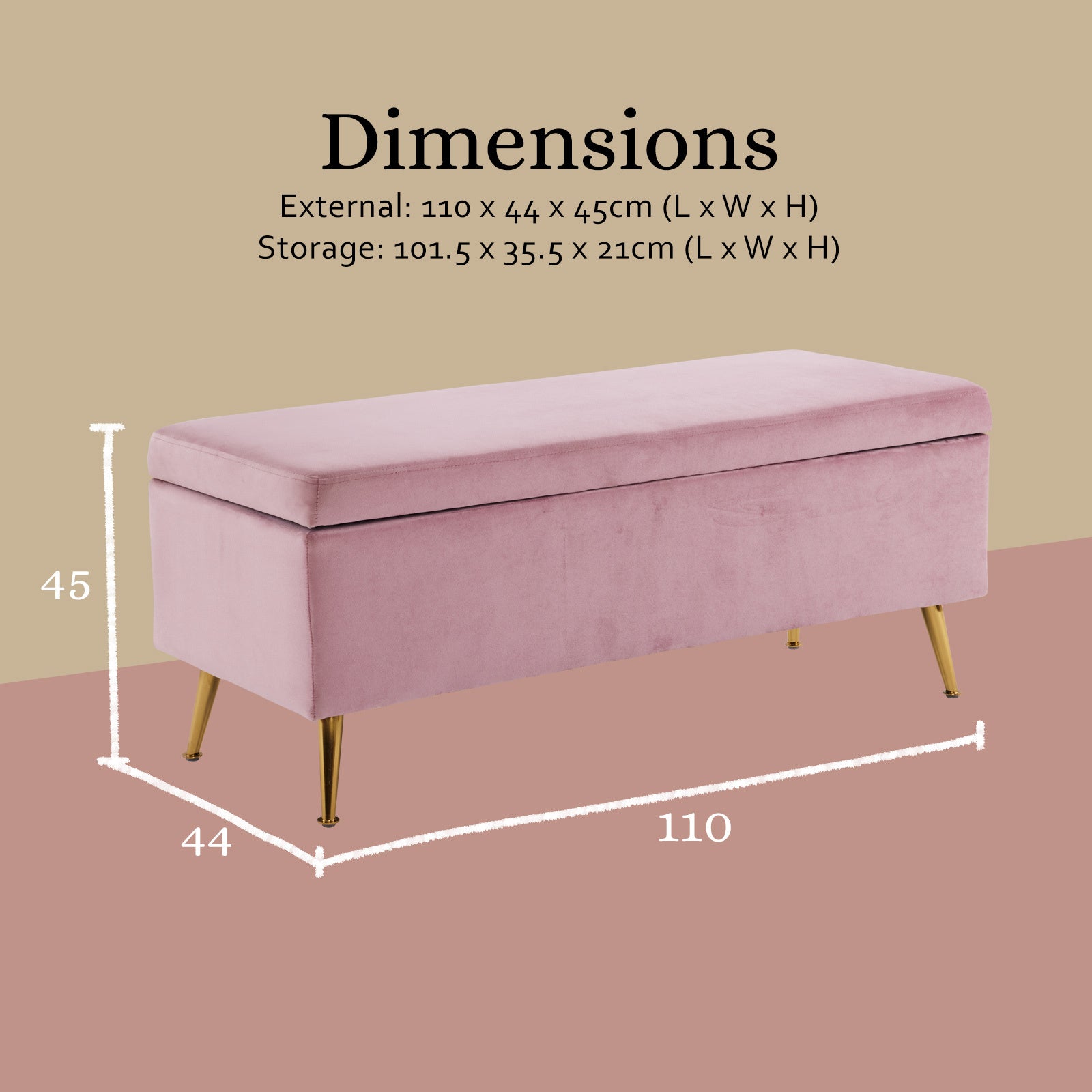 Pink Velvet Storage Ottoman Bench, Cushioned Seat - La Bella