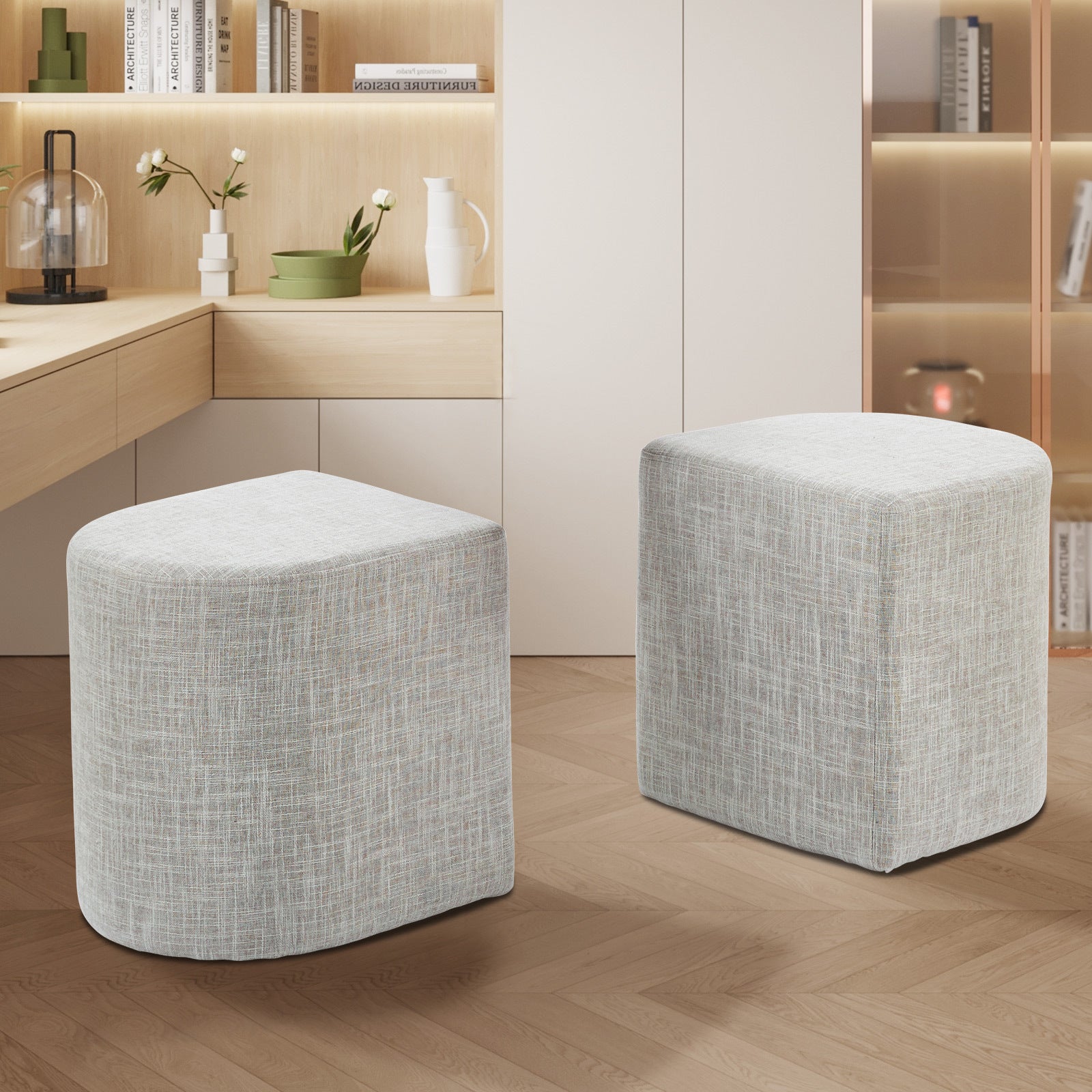 Cream Grey Linen Ottoman Stool Footrest Pouf - La Bella