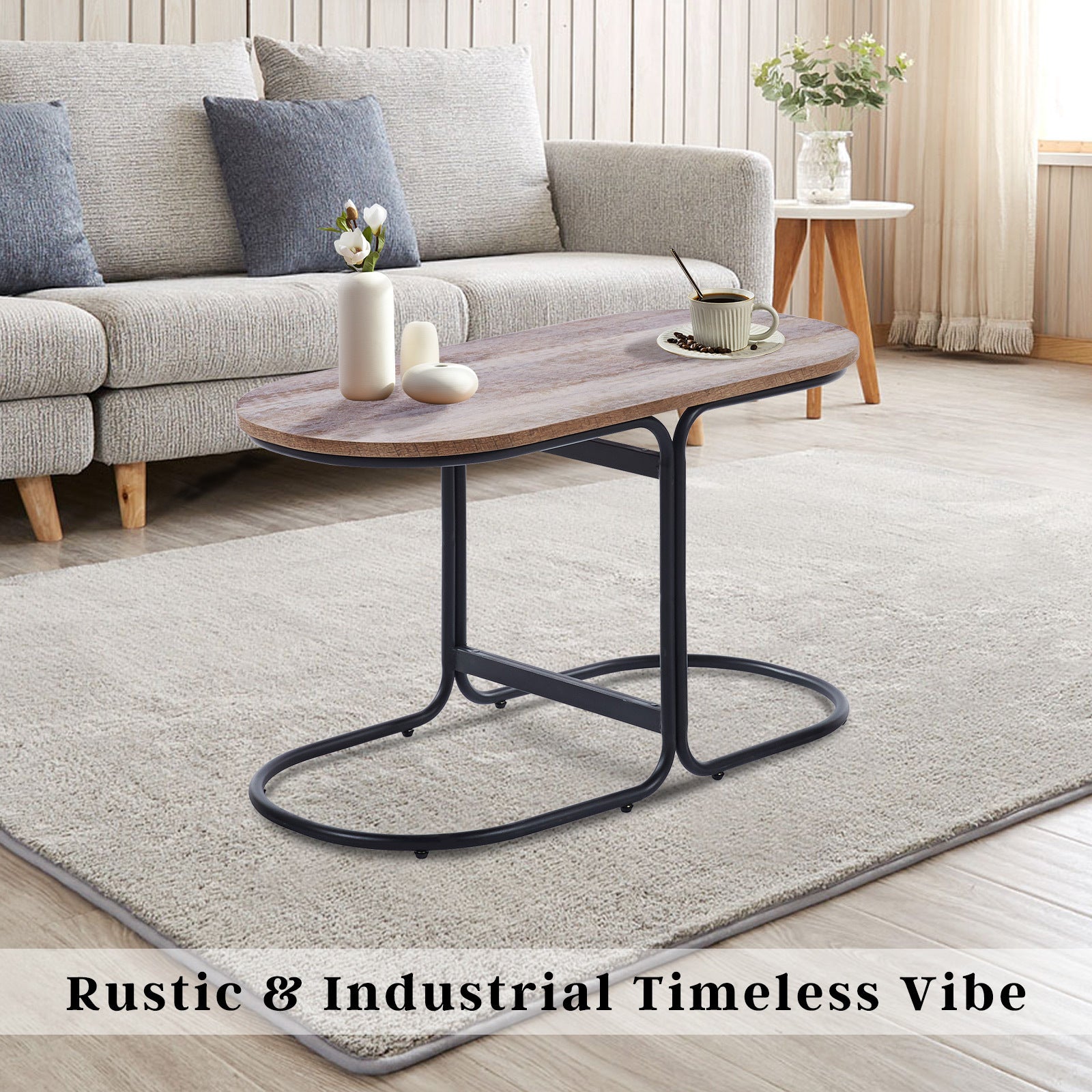 Rustic Industrial Oval Wood Coffee Table with Iron Base - La Bella