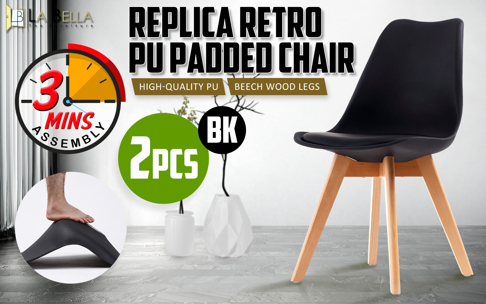 Black Padded PU Leather Retro Dining Chairs - 2 Set, La Bella